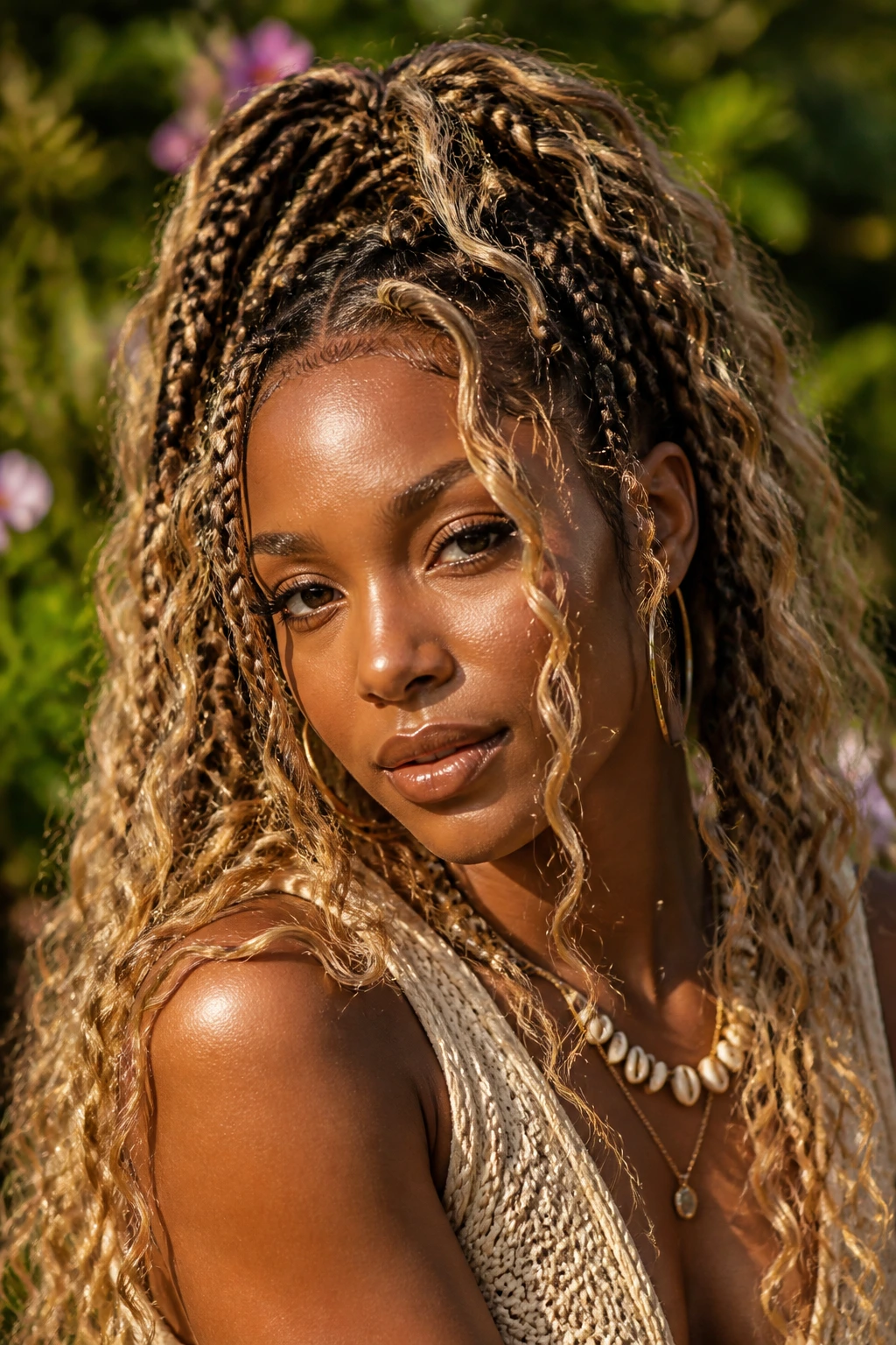 Close-up of a person with boho blonde braids and loose curls in warm light