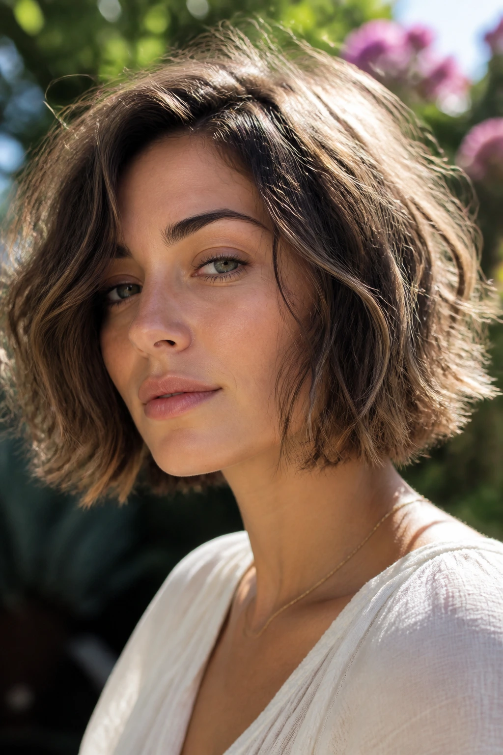Close-up portrait of a real woman with boho bob and broken ends in sunlit outdoor setting