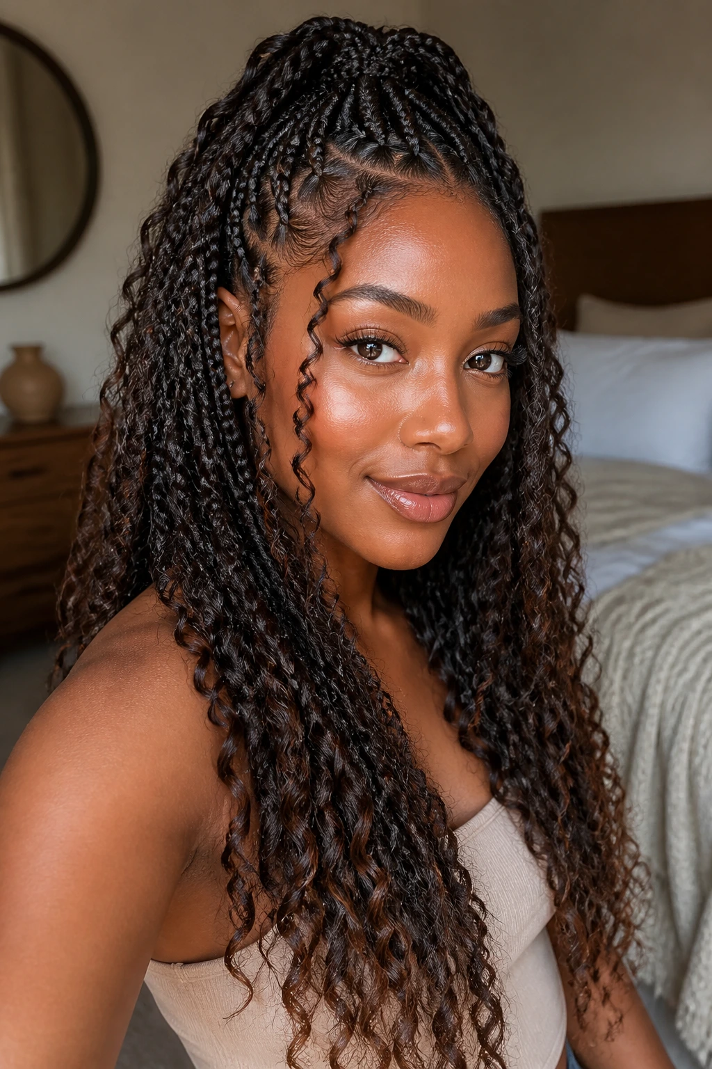 Close-up portrait of a real Black woman with boho half box braids and curly pieces