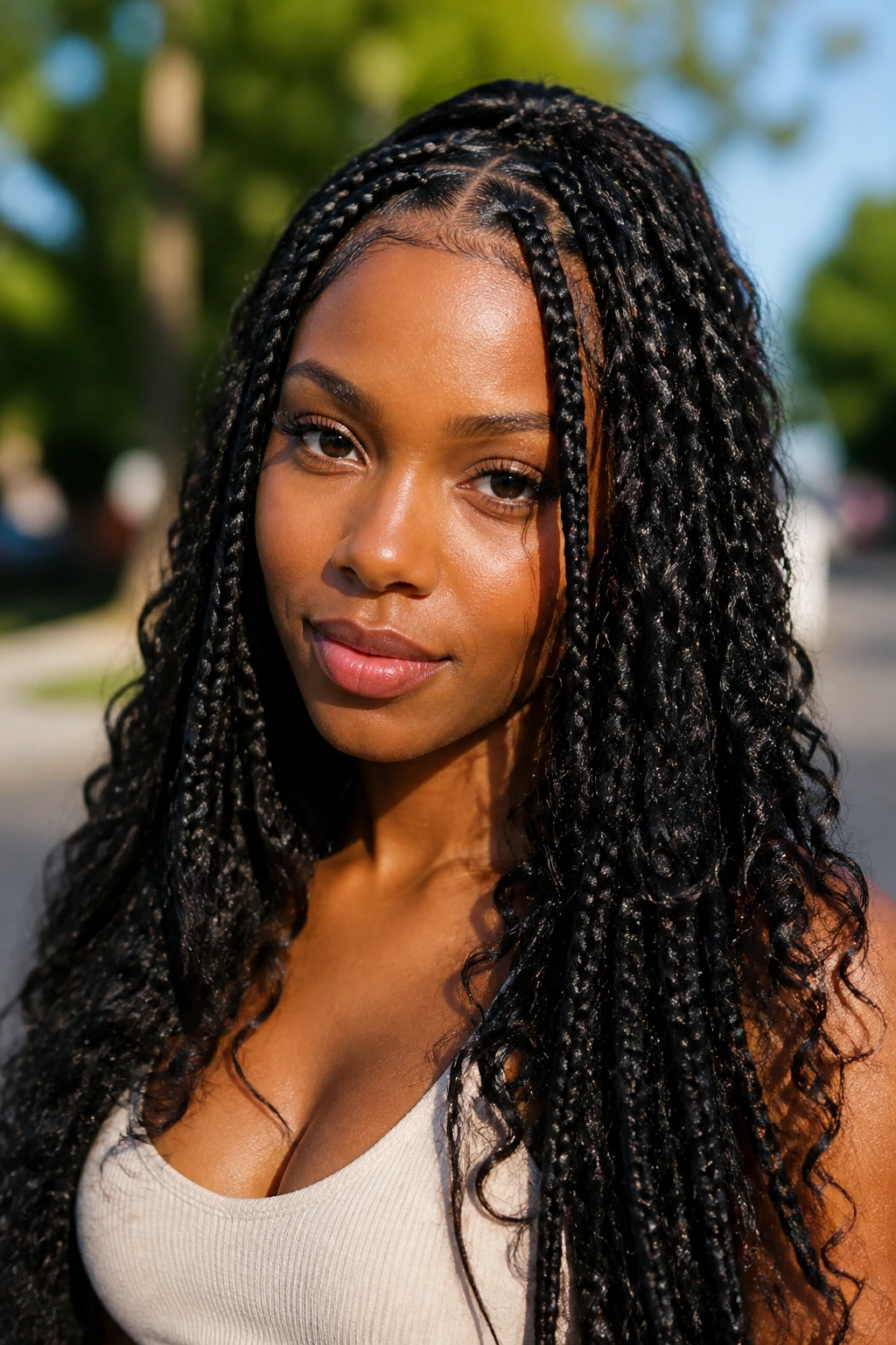 Close-up of boho box braids with curly pieces on a real woman.