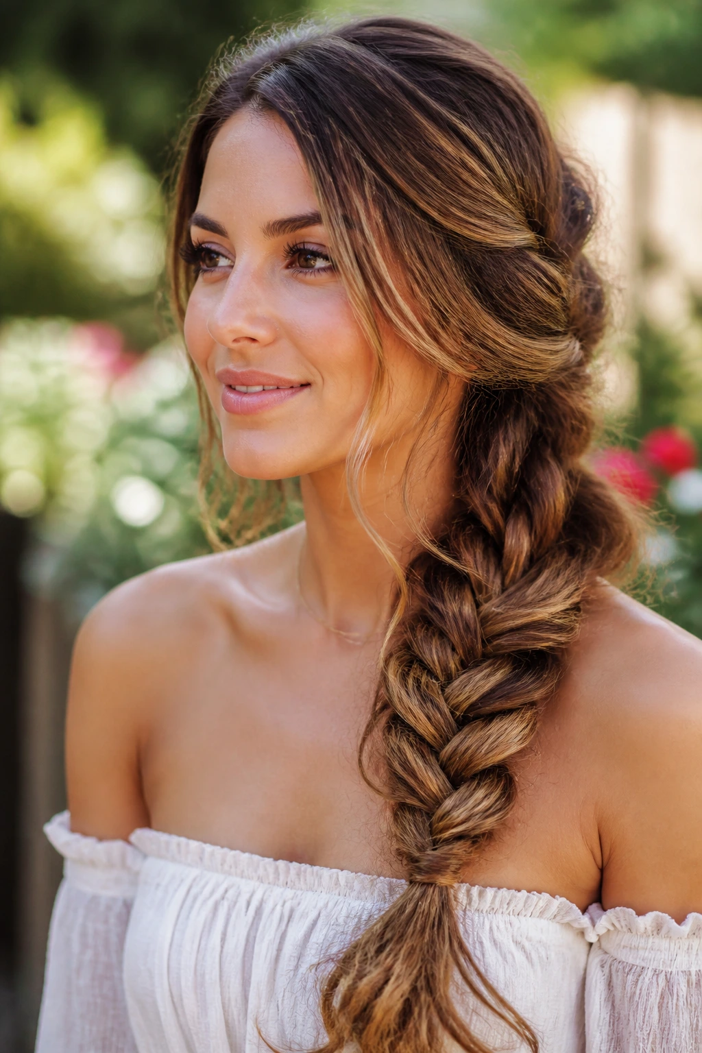 Close-up of a real woman with a one-side boho braid and caramel highlights