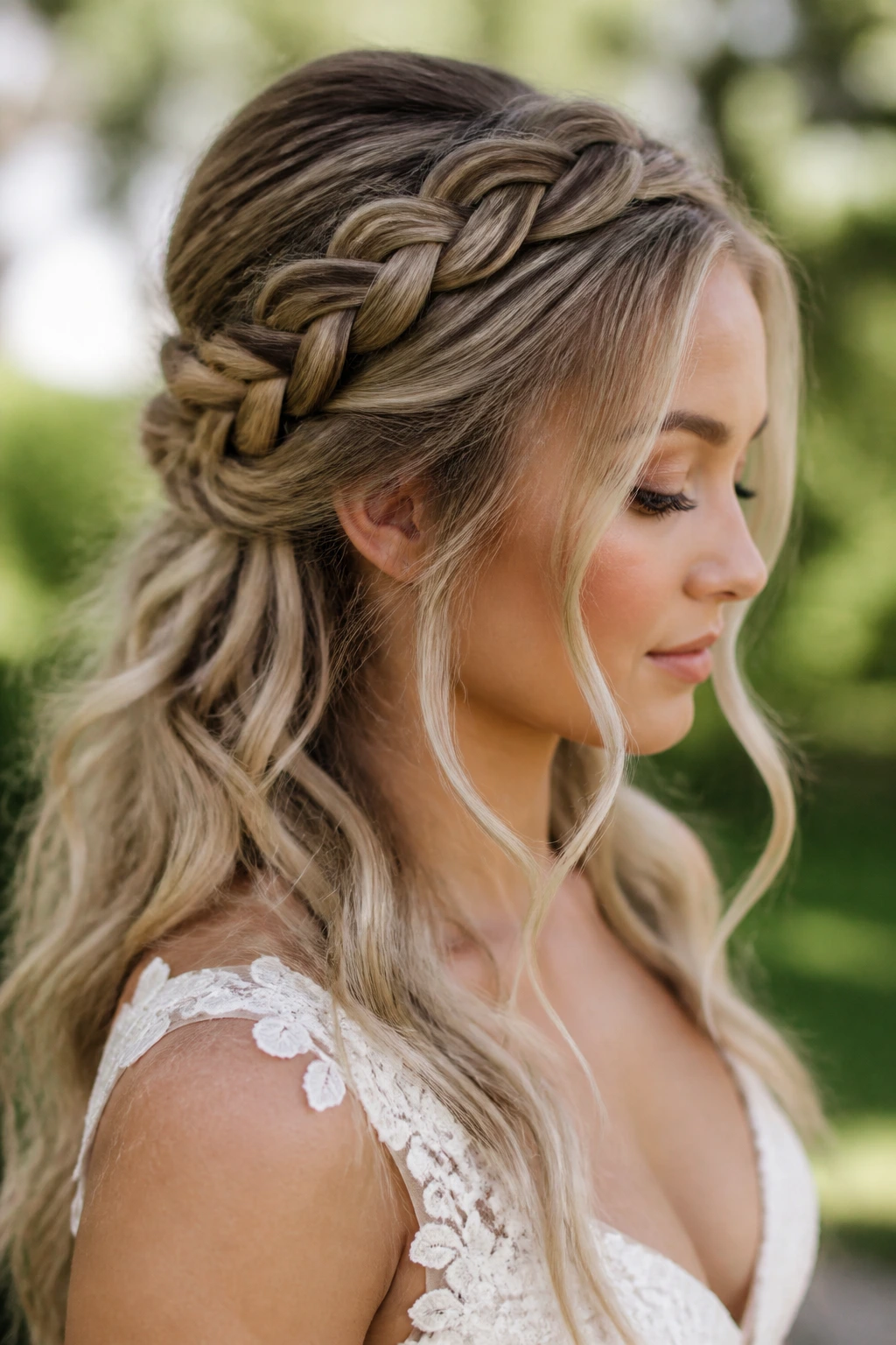 Bride with boho crown braid and money piece tendrils framing the face