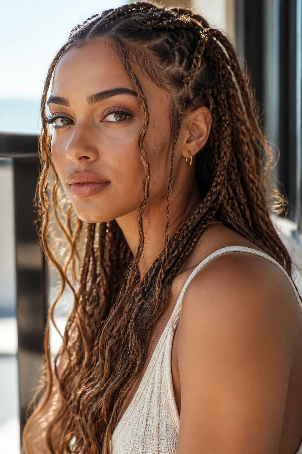 Close-up of a woman with a boho braid featuring soft ends and strong hold