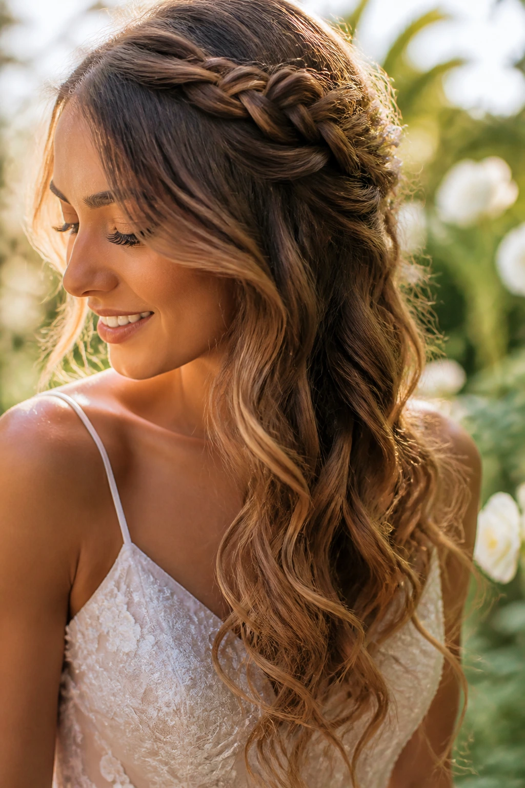 Close-up of Boho Braid-and-Wave Cascade in outdoor garden setting