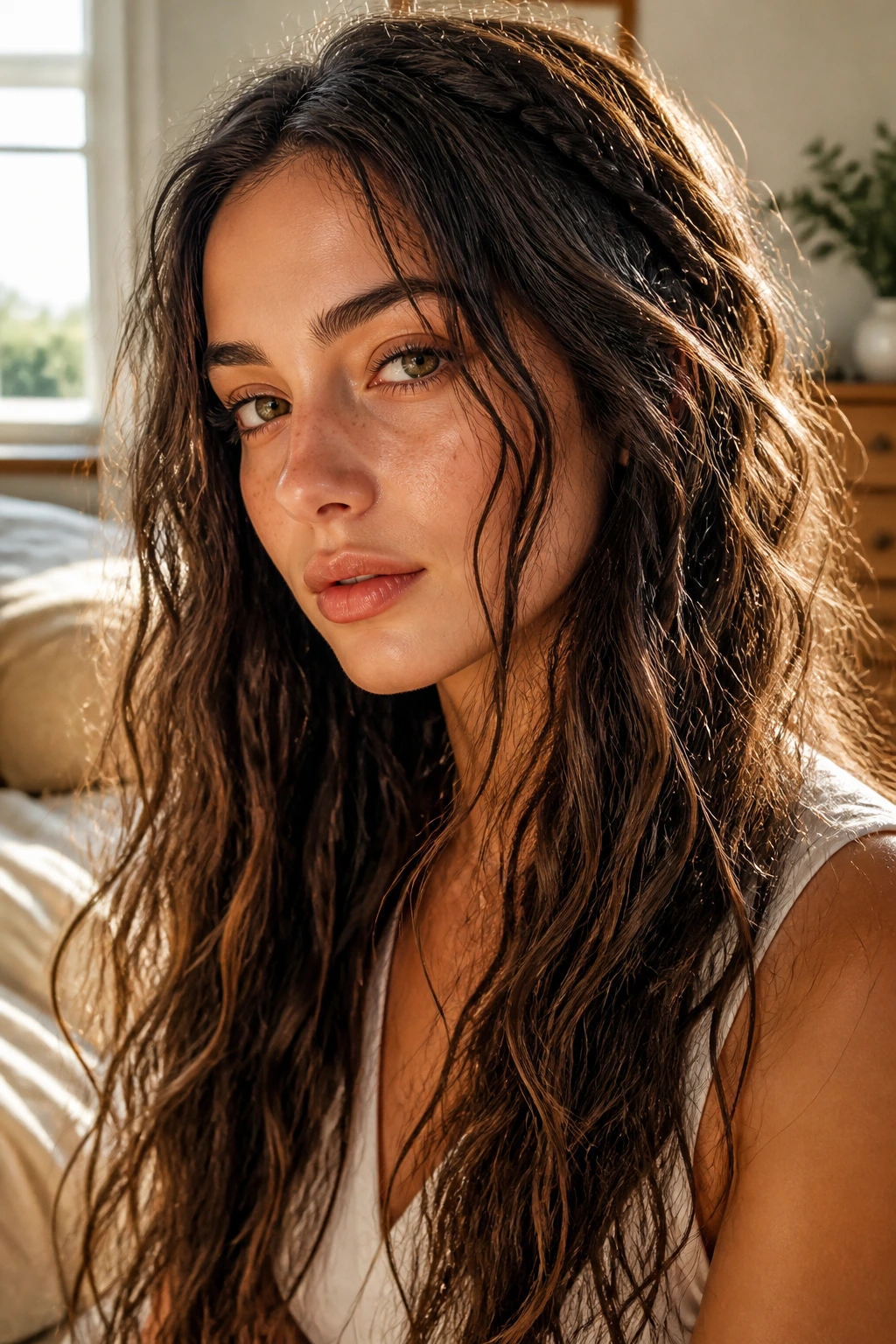 Close-up portrait of a real woman with boho braid waves and loose braids