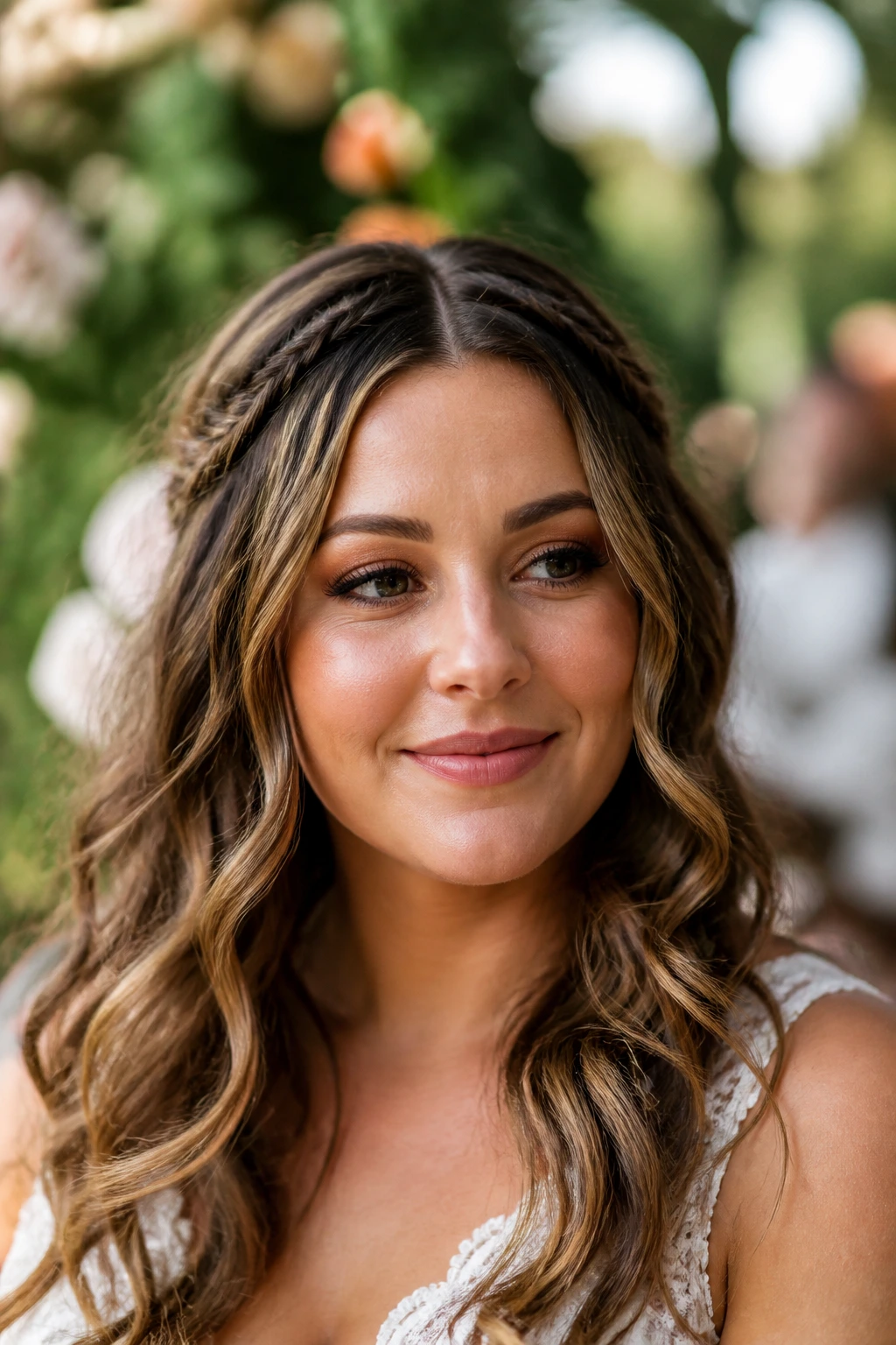 Real woman with boho braided-front waves and loose backdrop of garden ceremony lighting