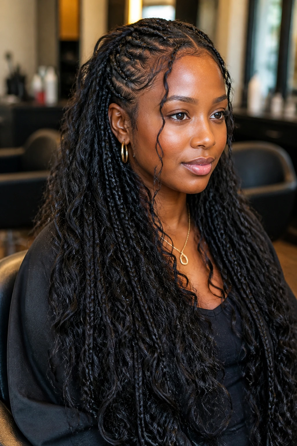 Portrait of a woman in a salon chair discussing boho braids
