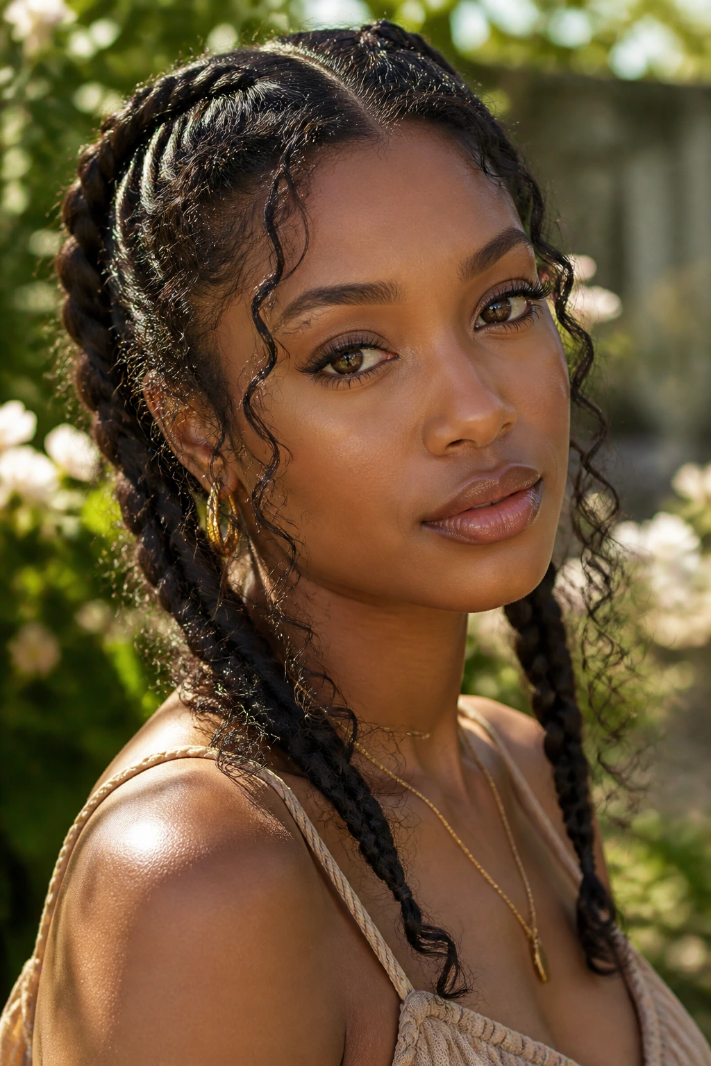 Real woman with boho two braids and curly tendrils in natural sunlight