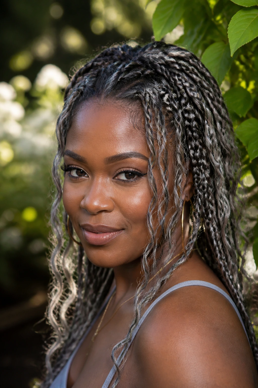 Close-up of a real woman with dark-rooted boho braids on deep skin under sun