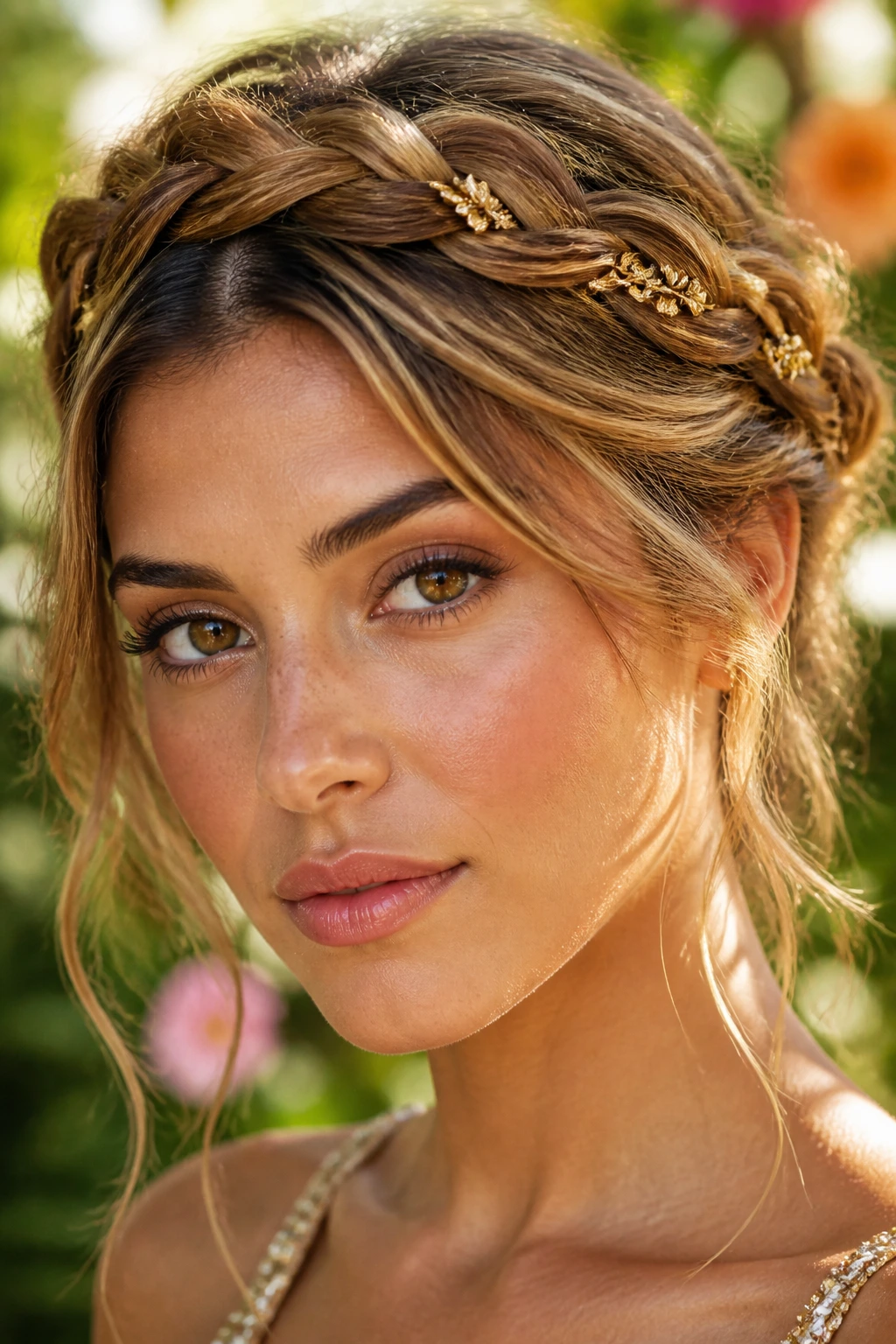Close-up of a real woman wearing a boho braided crown with warm blonde threads in a sunlit garden.
