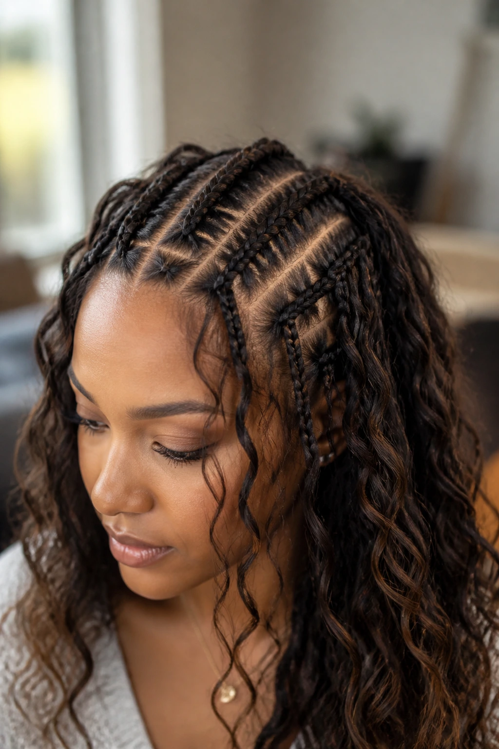 Close-up of a real person with boho braids showing structured roots and relaxed waves