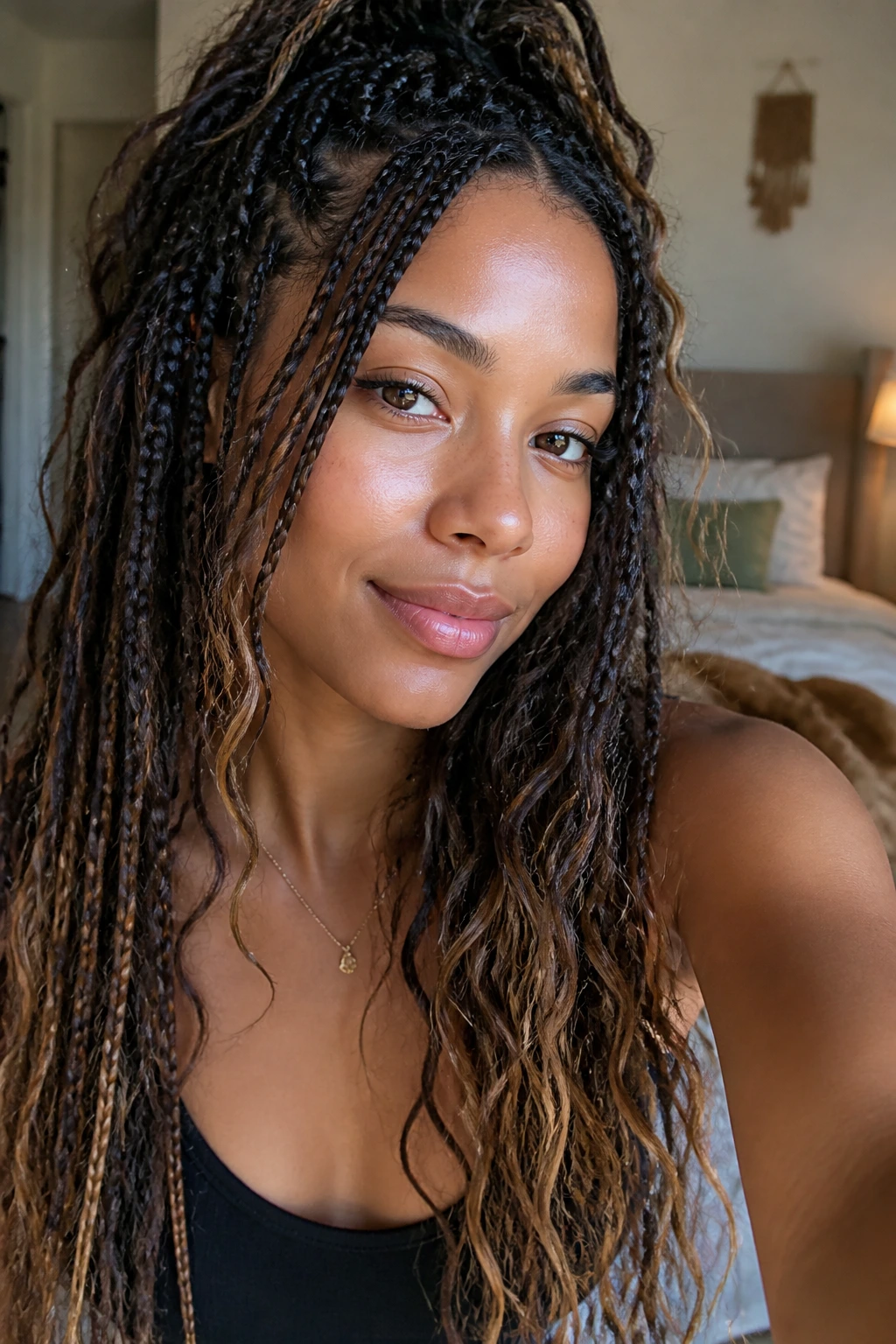 Close-up portrait of a real woman with boho braids and soft waves