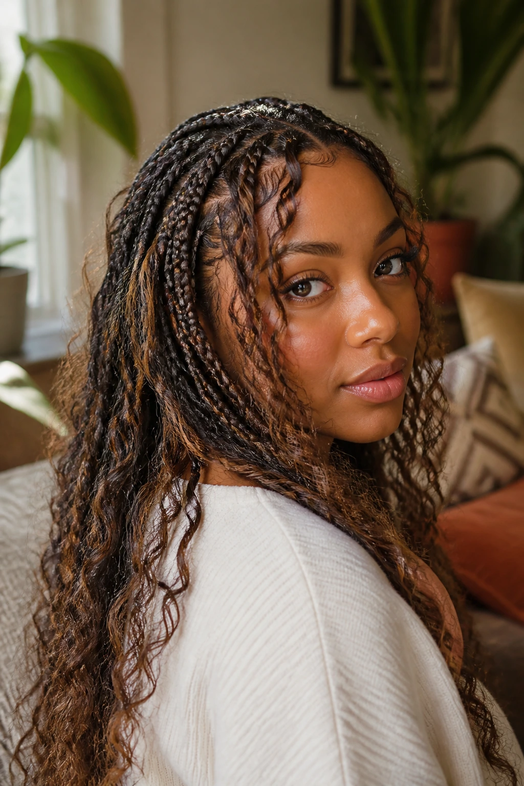 Close-up portrait of a real person with boho braids and loose curls