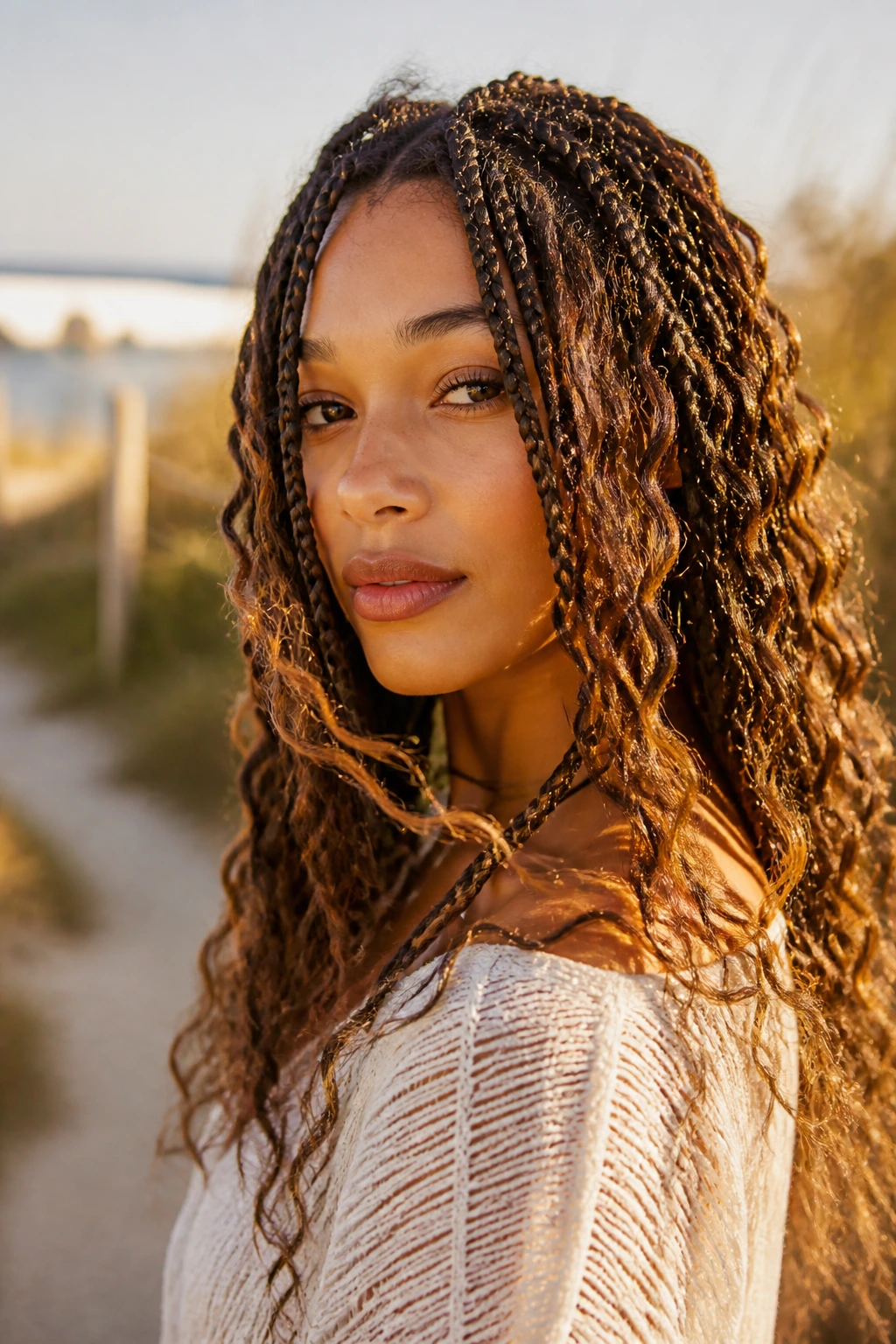 Close-up of a real woman with boho braids and loose curls in a golden-hour outdoor setting.