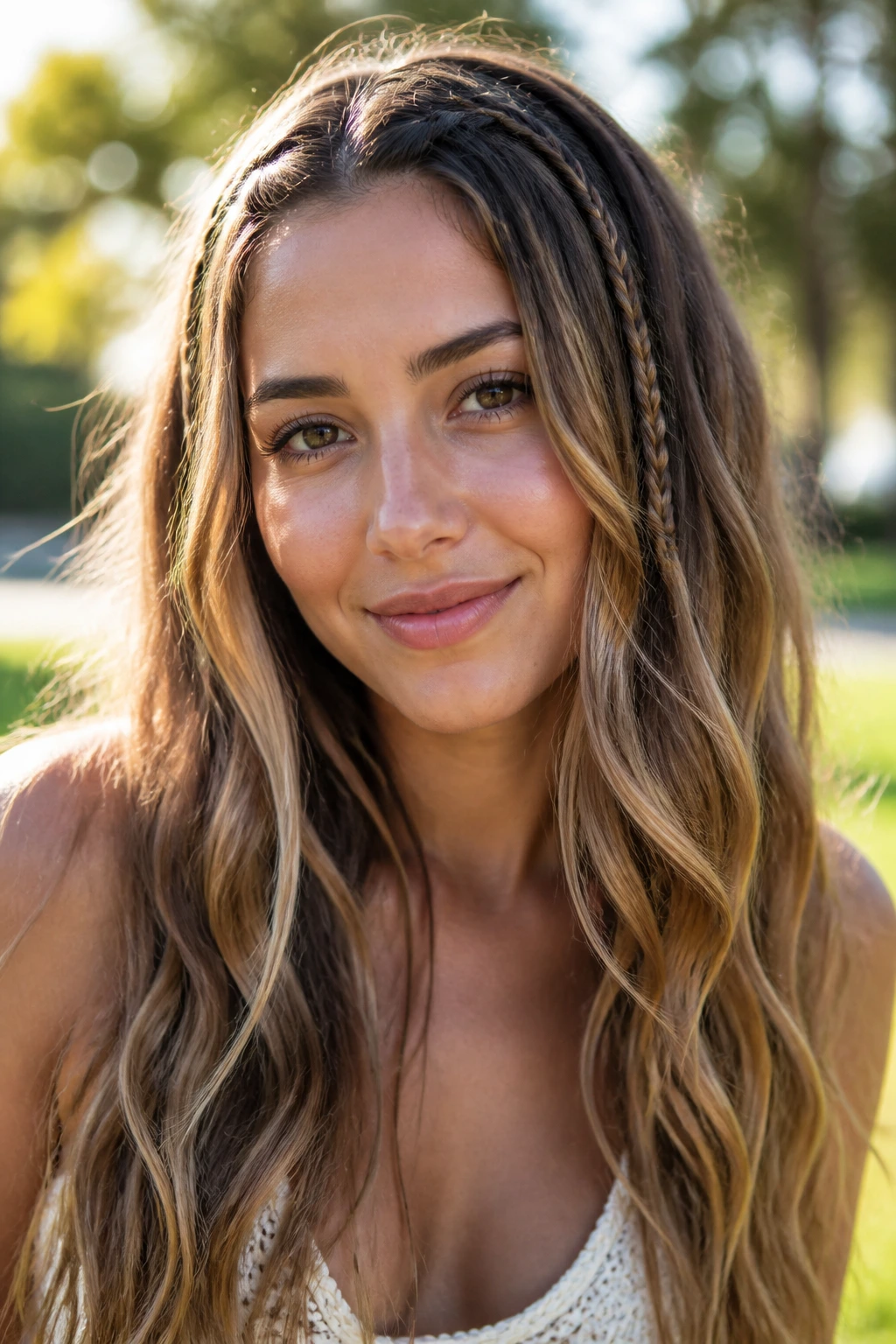Real woman with boho braids blending into loose ends and babylights.