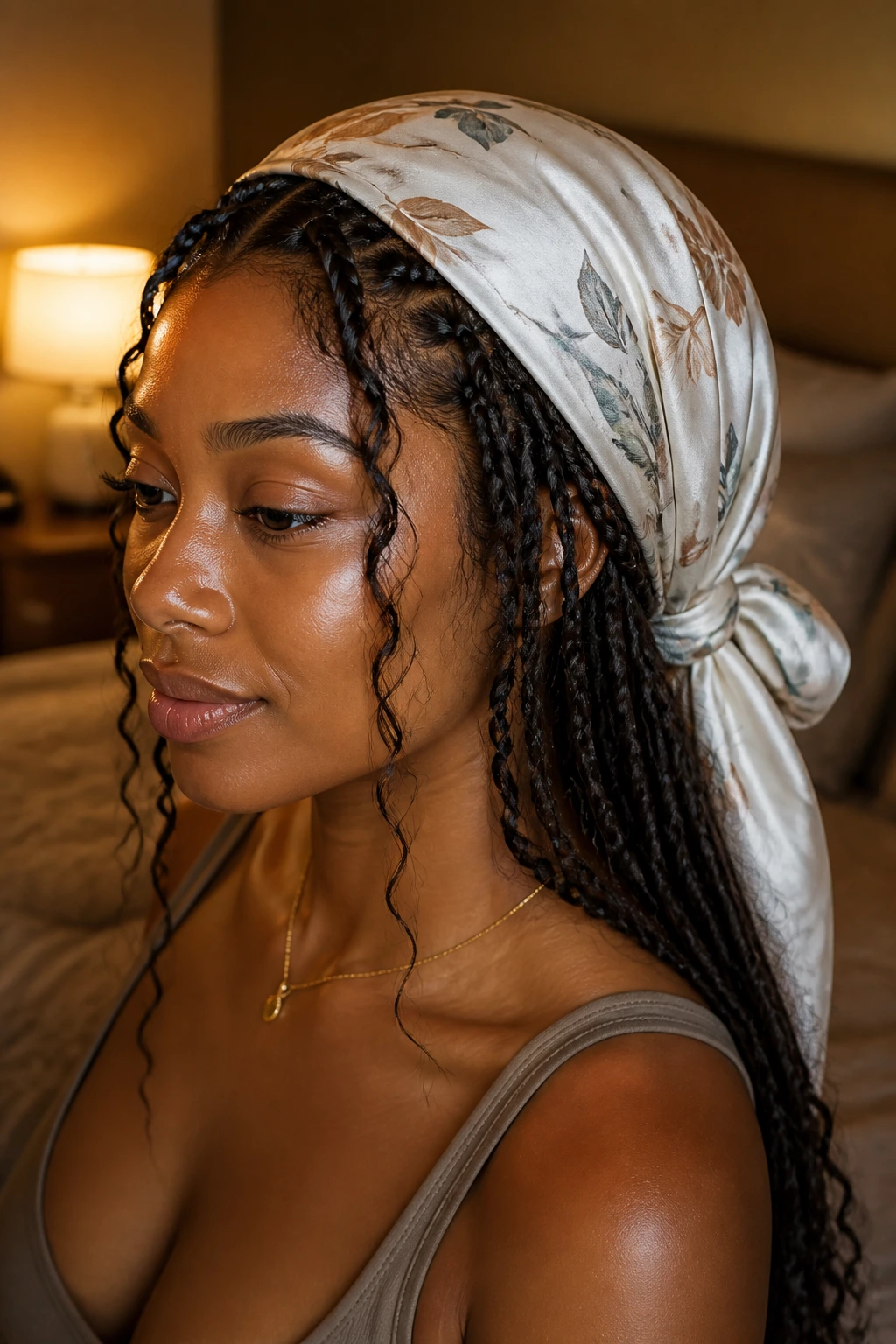Woman with boho braids wrapped with silk scarf at night to preserve style