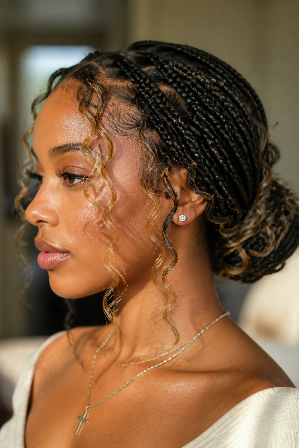 Real woman with a boho low bun and curled pieces around the face.