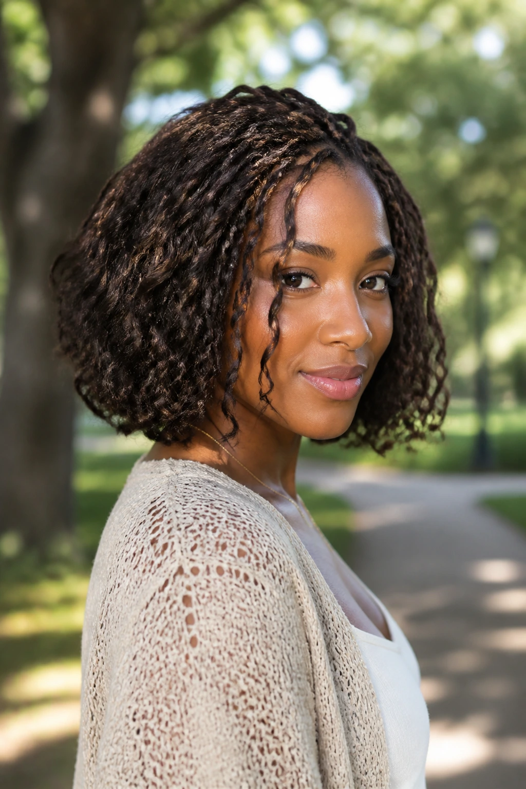 Close-up of a woman with a boho crochet bob and loose curls in natural light at a park