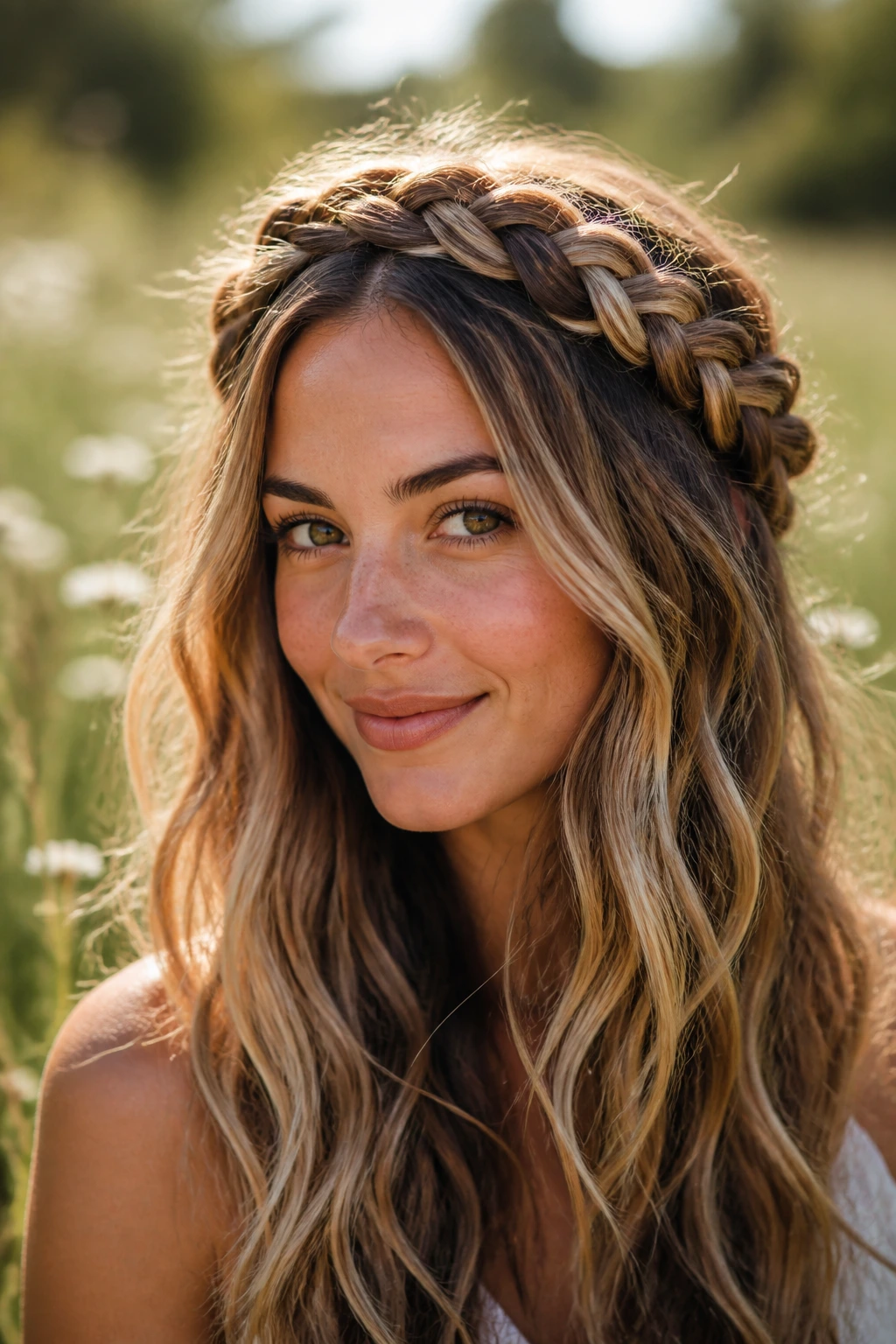 Close-up of a woman with a boho crown braid and sand babylights