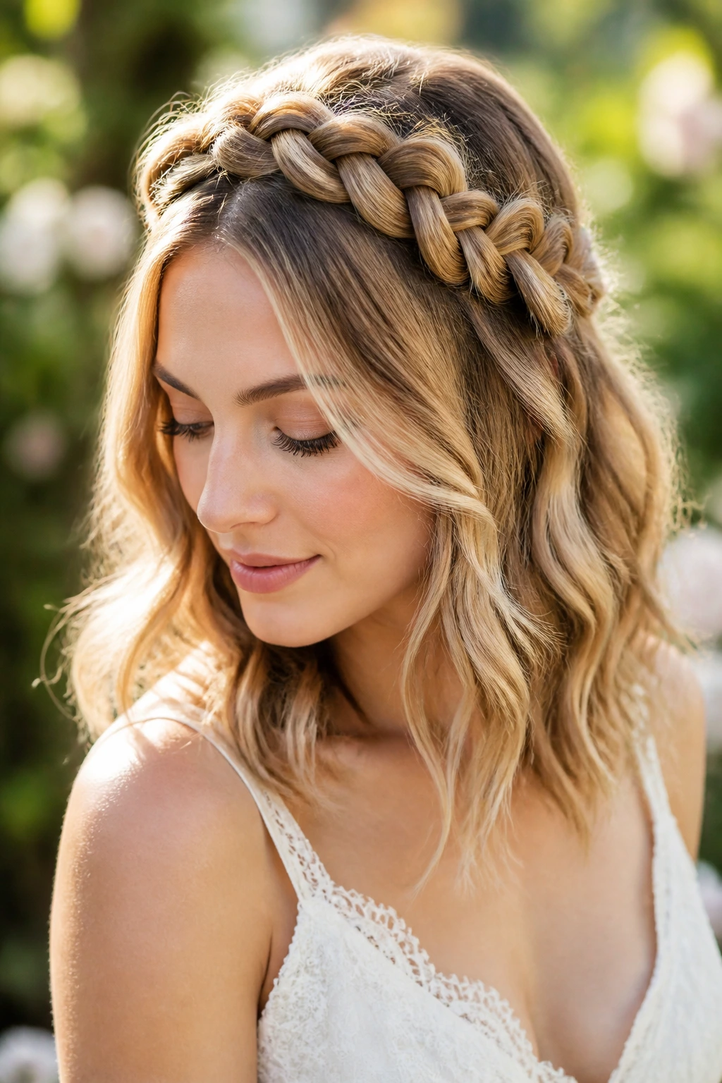 Real woman wearing a boho crown braid in a bridal setting