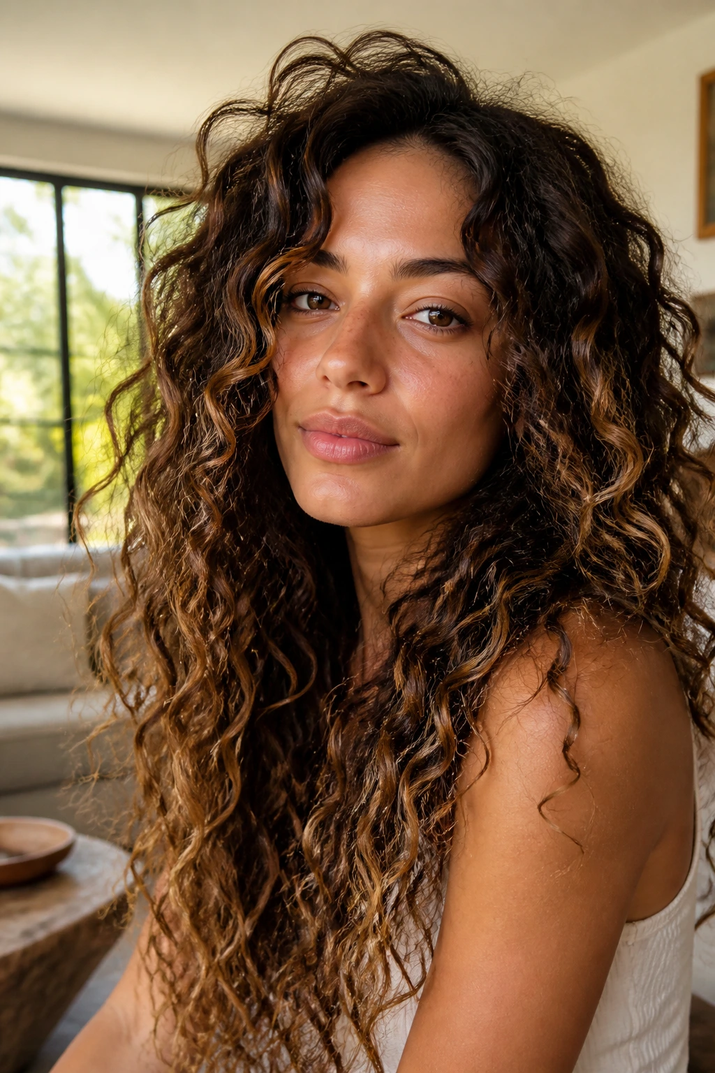 Close-up of real woman with textured boho curls in natural light