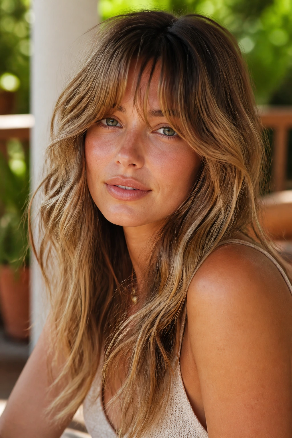 Close-up portrait of a real woman with boho fringe and beachy waves in sunlight.