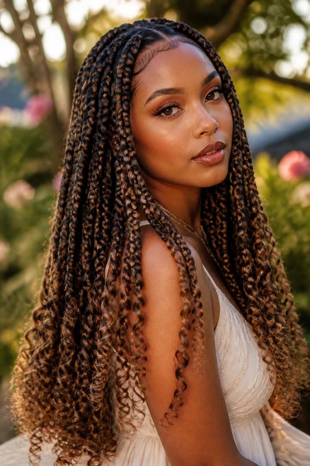 Real woman with boho jumbo braids with curly ends