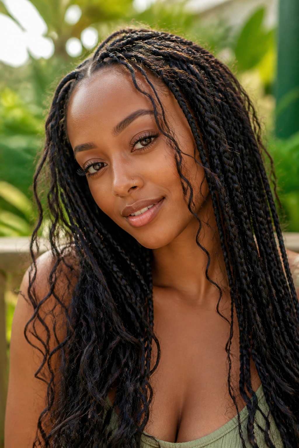 Real woman with boho knotless braids and loose curly pieces outdoors