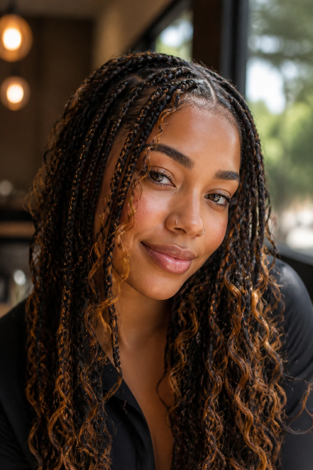 Close-up of boho knotless braids with free curls on a real person.