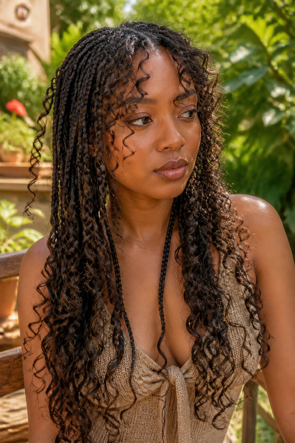 Medium close-up of a real woman with boho knotless braids and curly curtain bangs