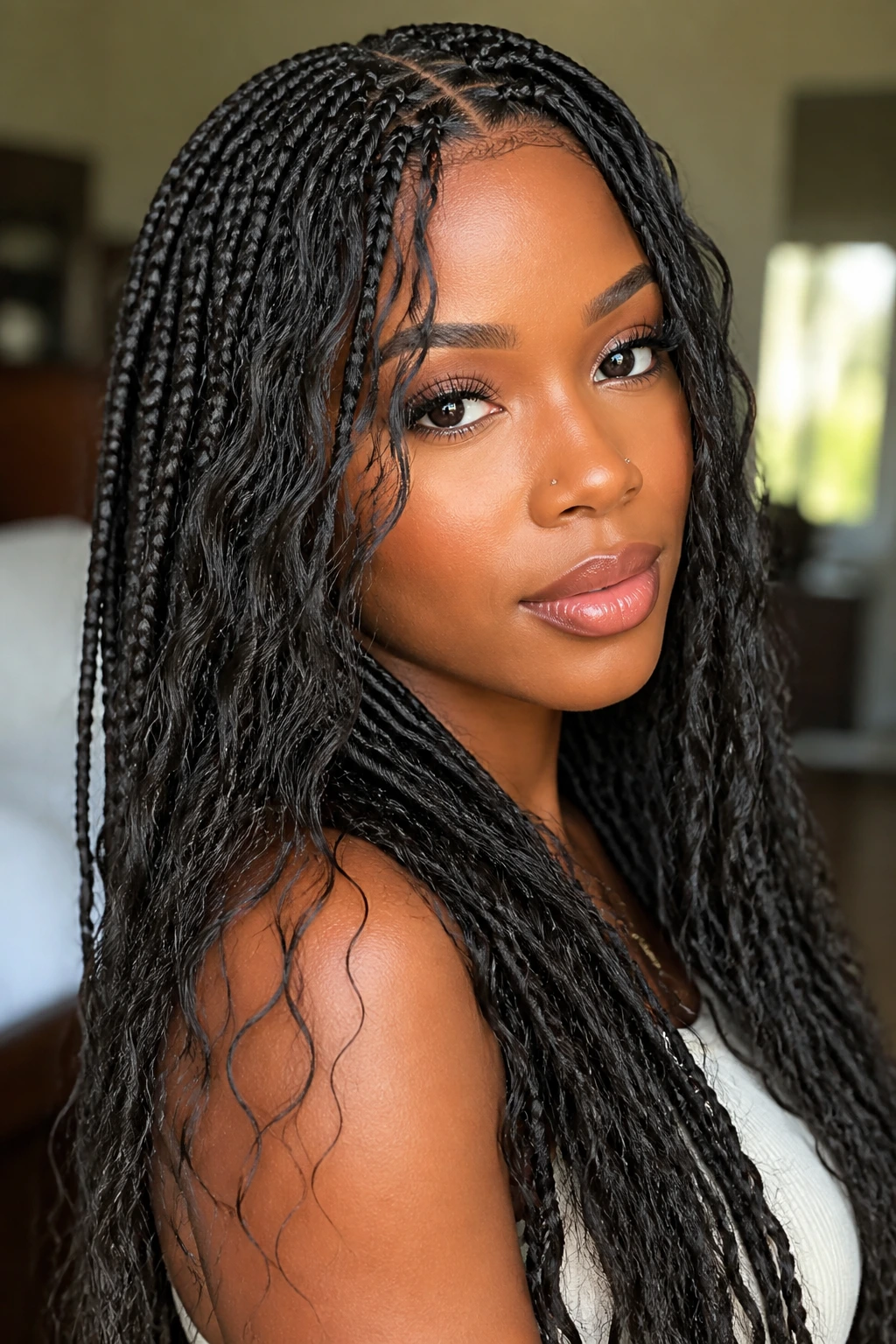 Real person wearing boho knotless braids with wavy leave-out in the middle
