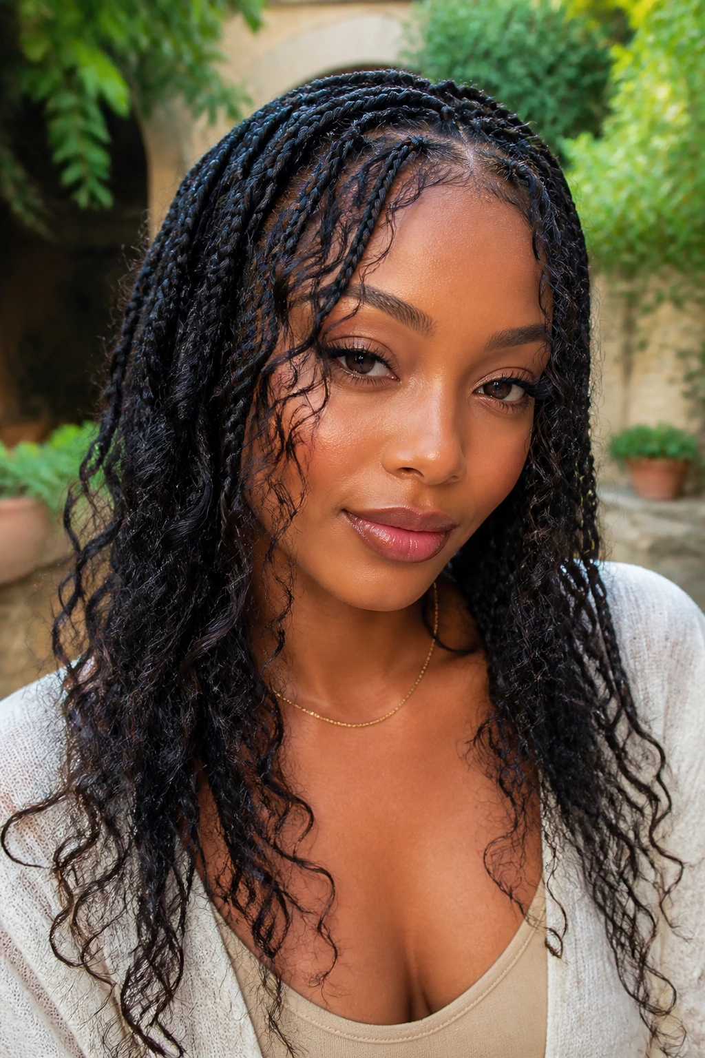 Close-up portrait of a real woman wearing boho knotless braids with loose curls.