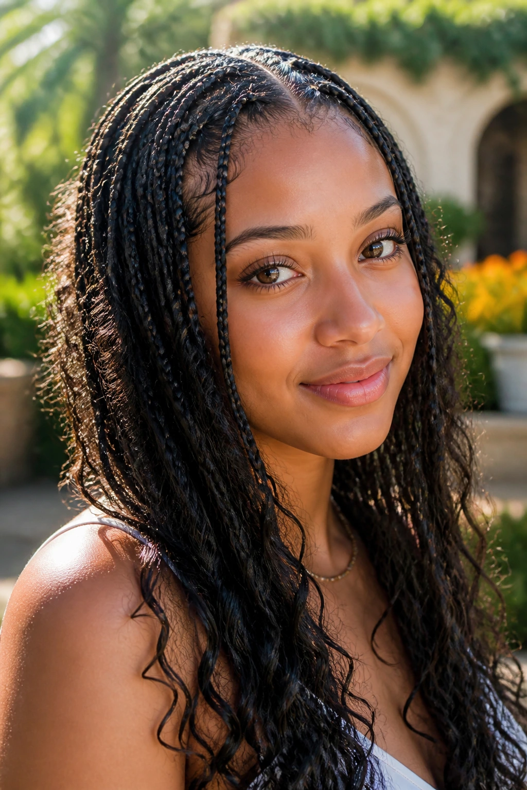 Close-up of a real person with boho knotless braids and tendrils outdoors.