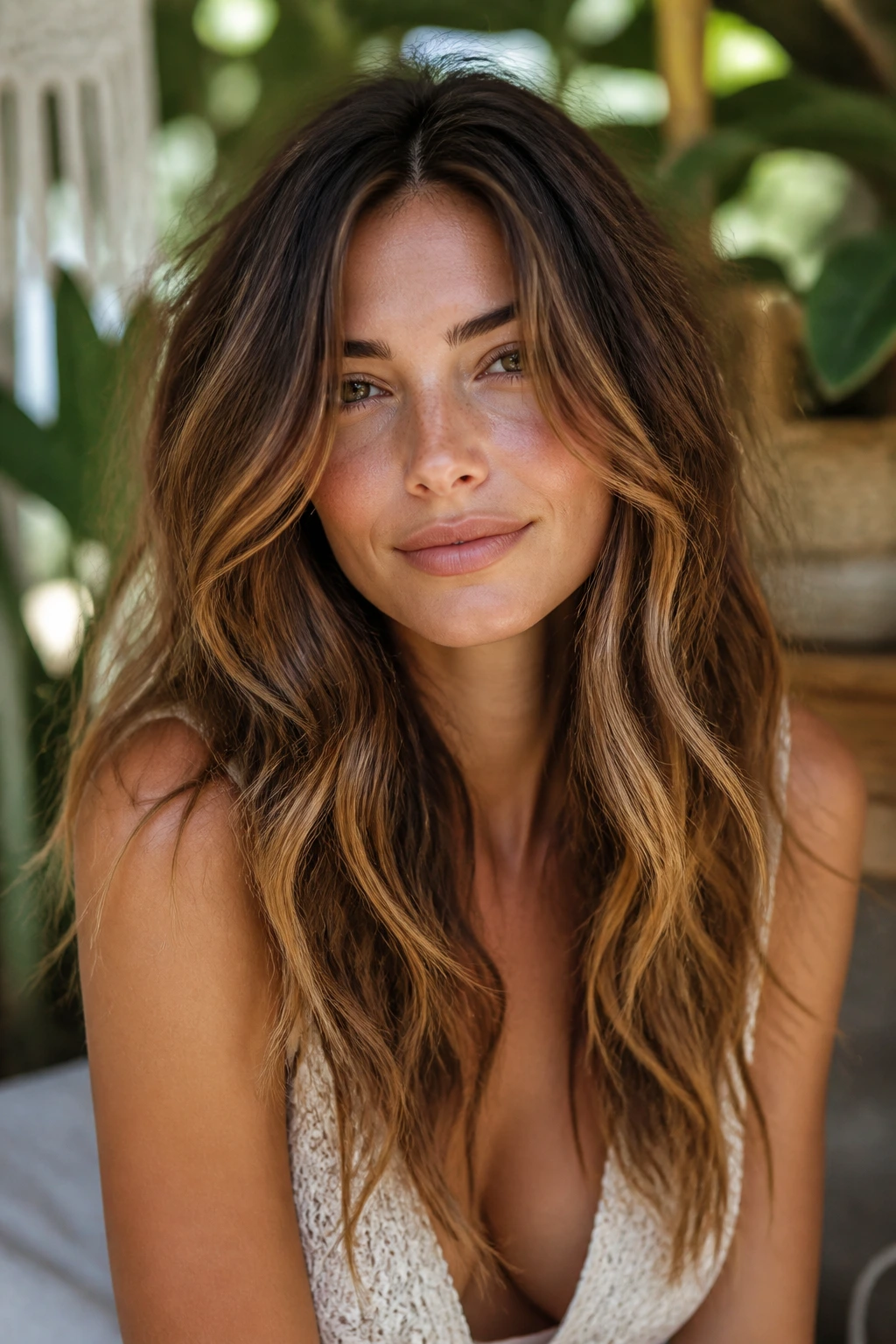 Close-up of a real woman with boho layers and bronze lowlights