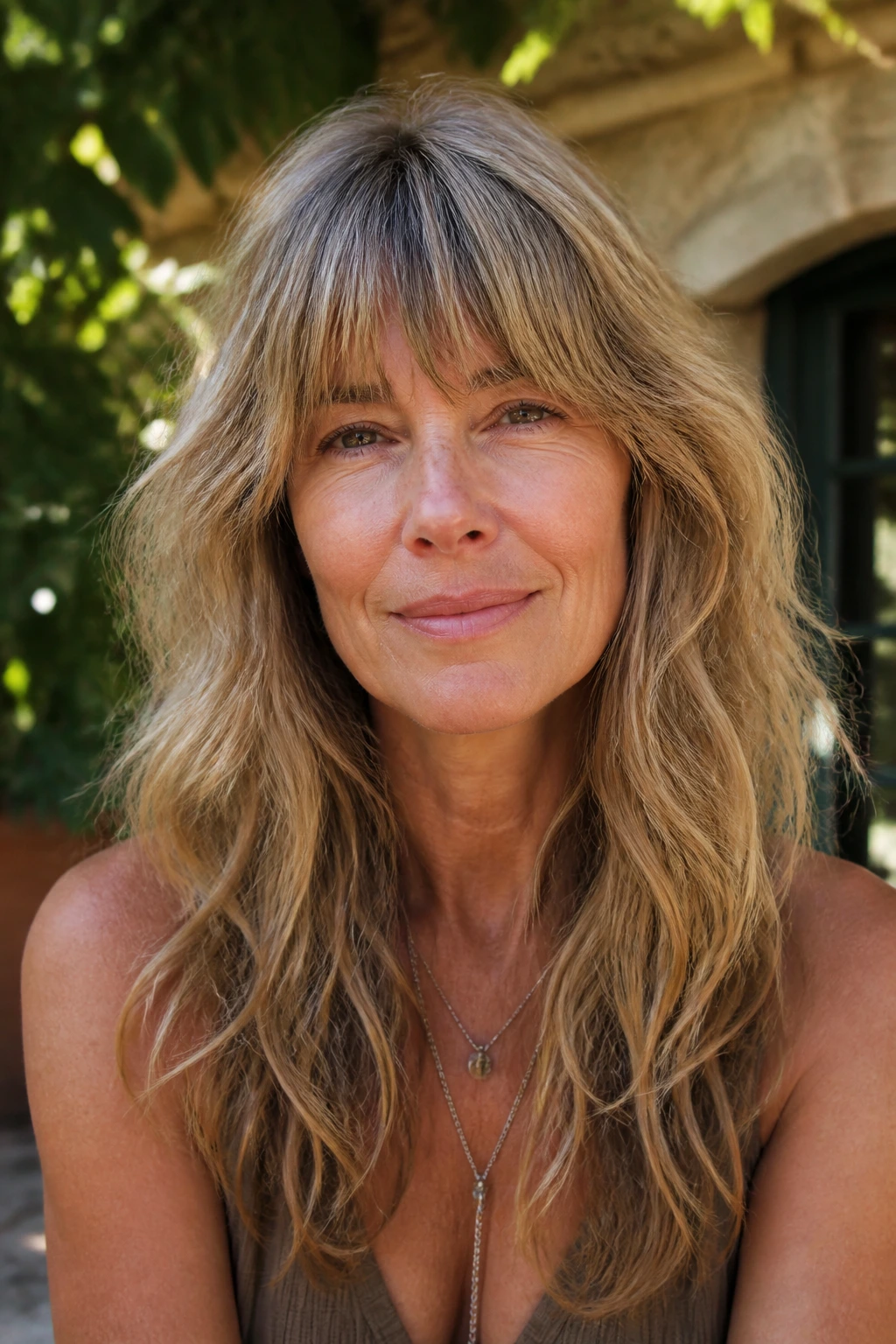 Portrait of a real woman with boho hair layers and brow-grazing fringe in sunlight