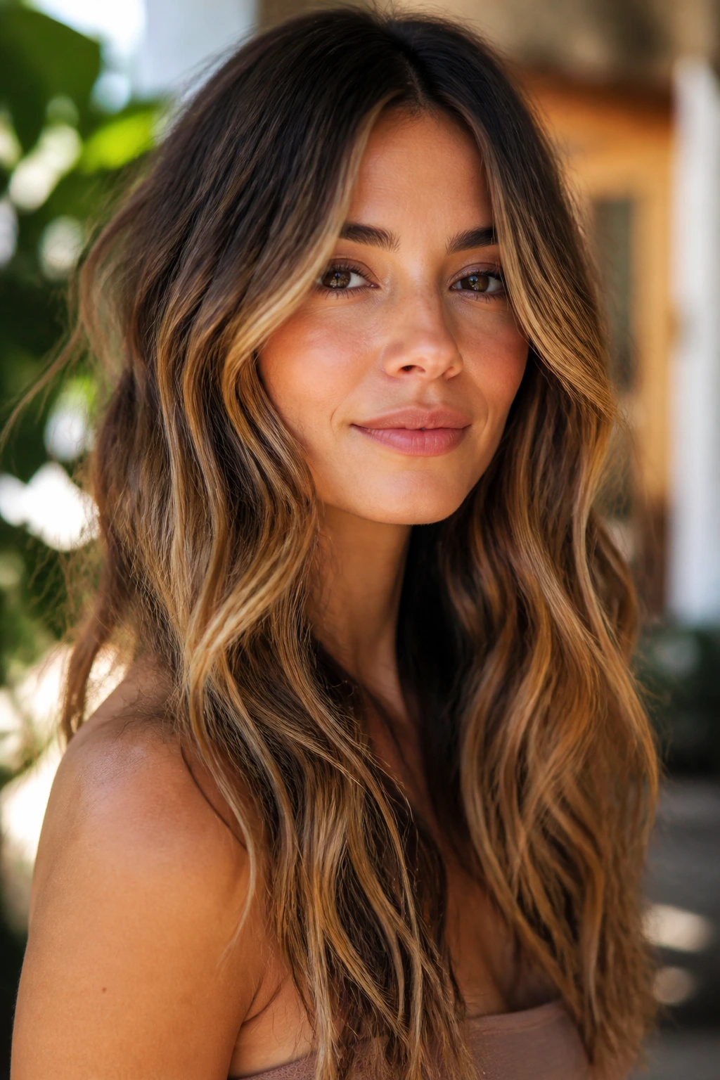 Portrait of a woman with boho layers and caramel balayage in natural sunlight
