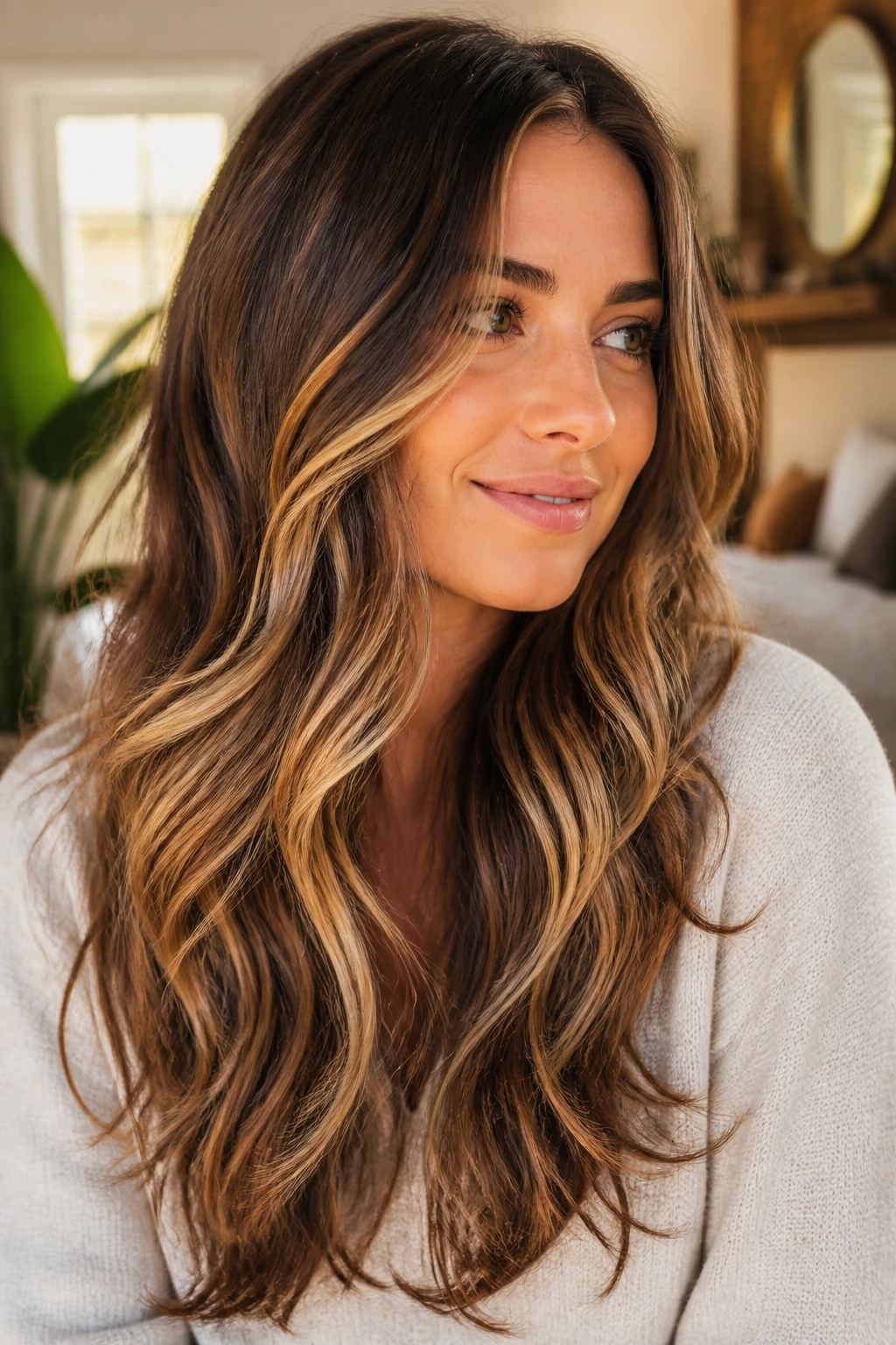 Portrait of a woman with boho layered hair and golden ribbon babylights