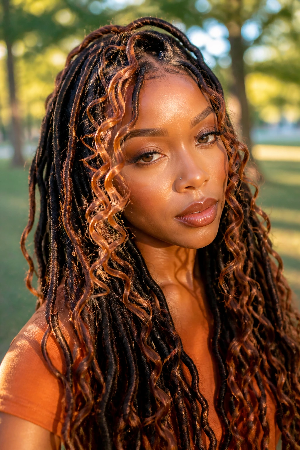 Portrait of a woman with long boho locs and copper face-framing curls in warm light.
