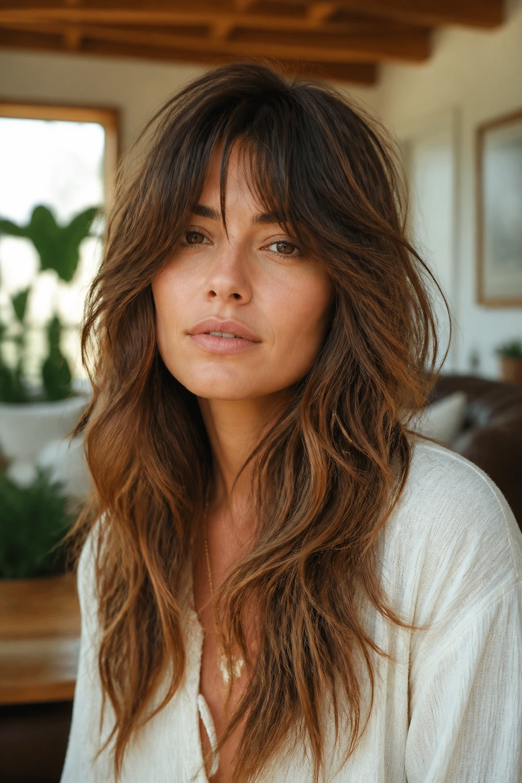 Close-up portrait of a real woman with long boho long shag, sunlit living room background