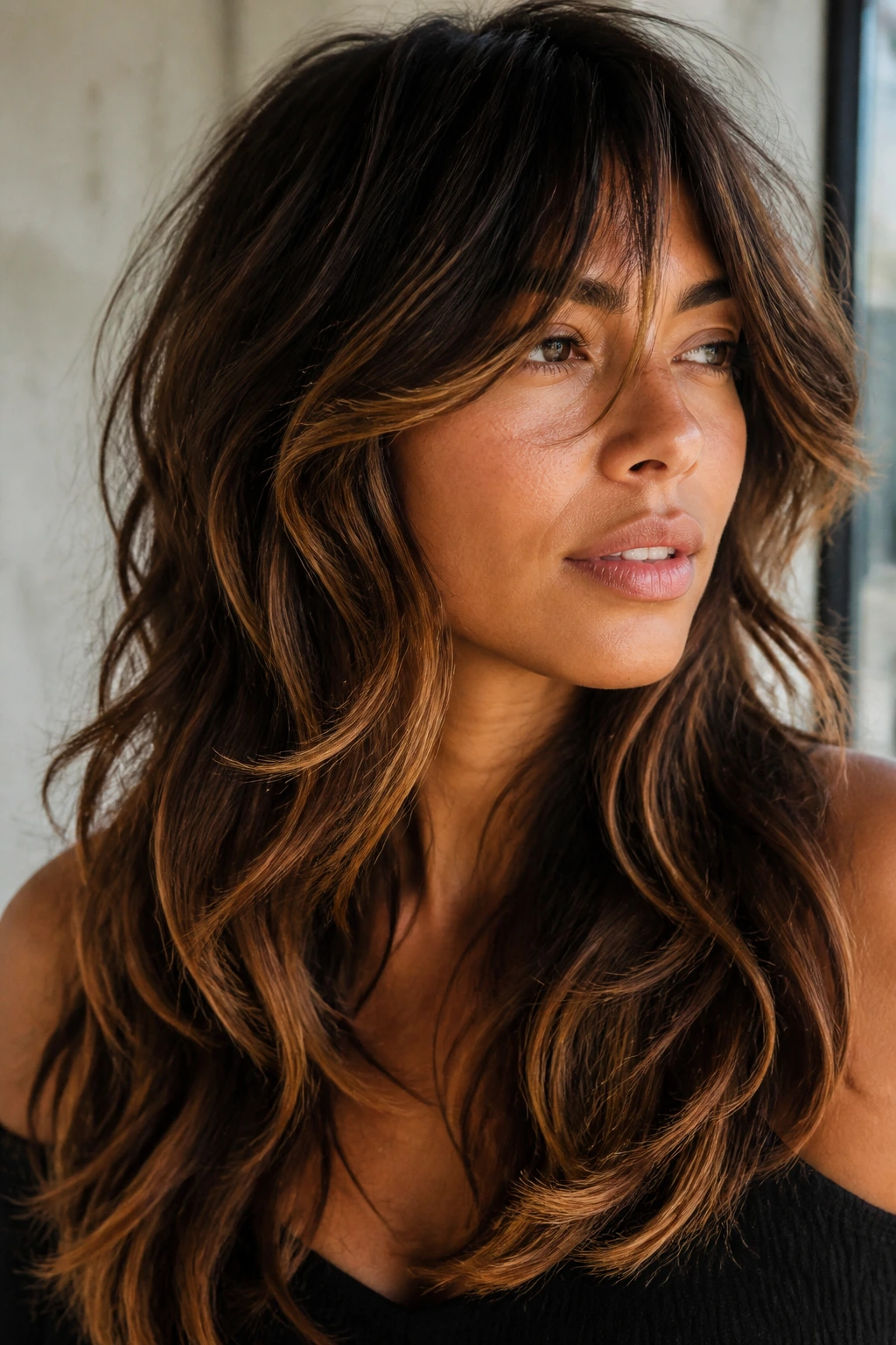 Close-up portrait of a woman with boho shag and caramel veils.