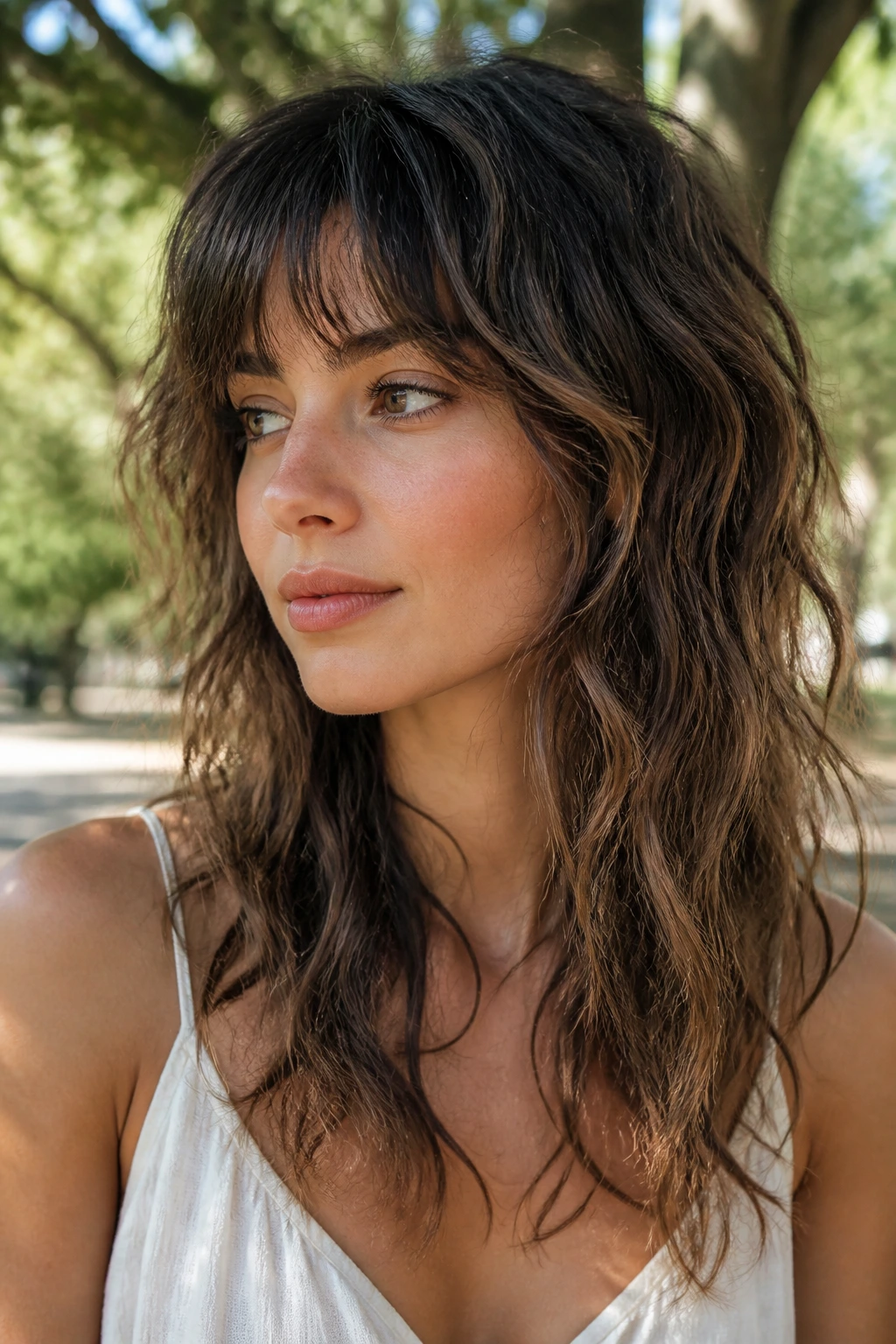 Portrait of a real woman with boho shag and wispy texture in a sunlit park