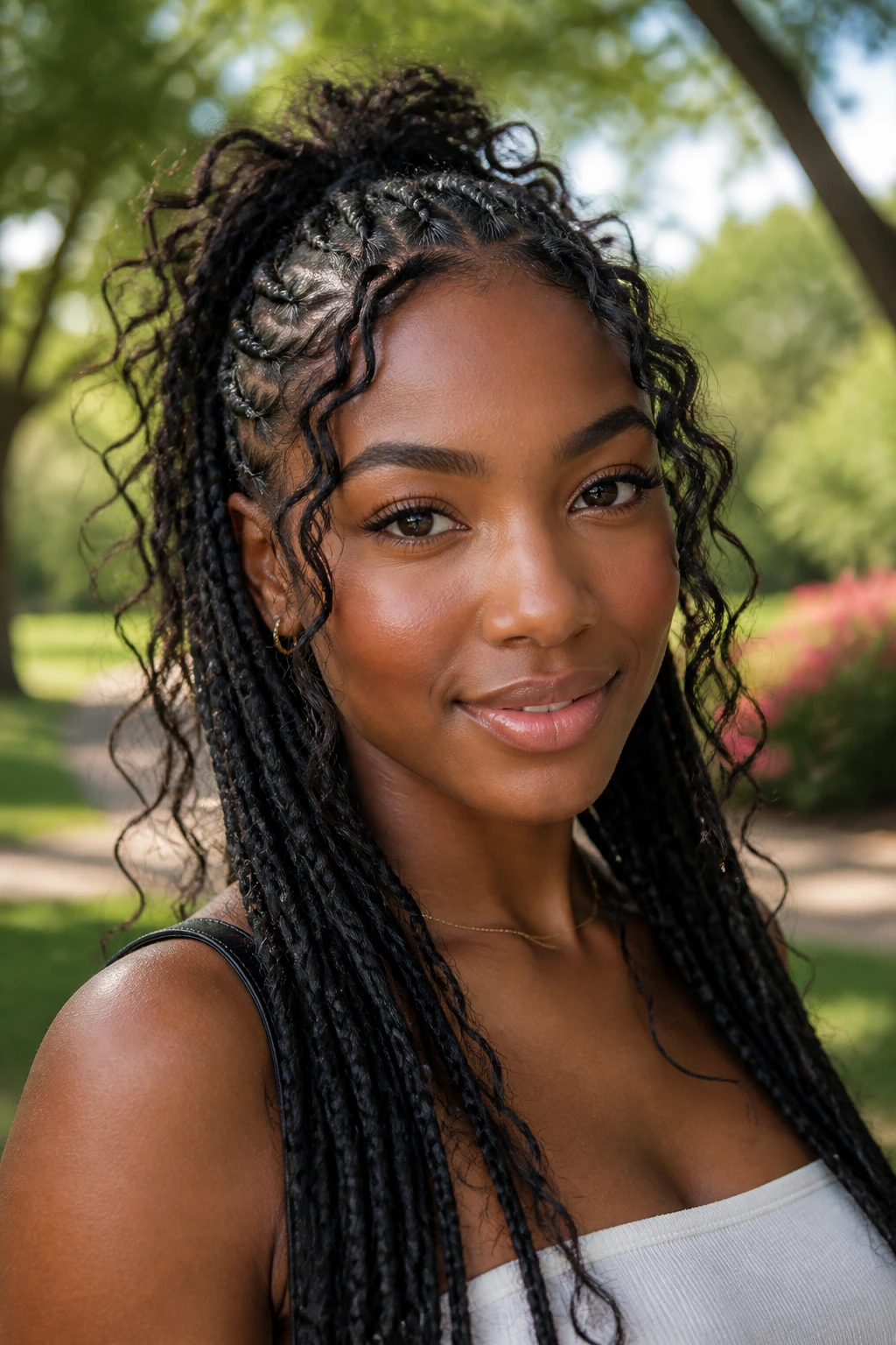 Close-up of a real woman with boho singles and loose curls