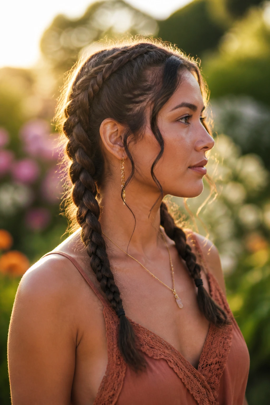 Portrait of a real woman with boho twin braids and soft tendrils in golden hour light