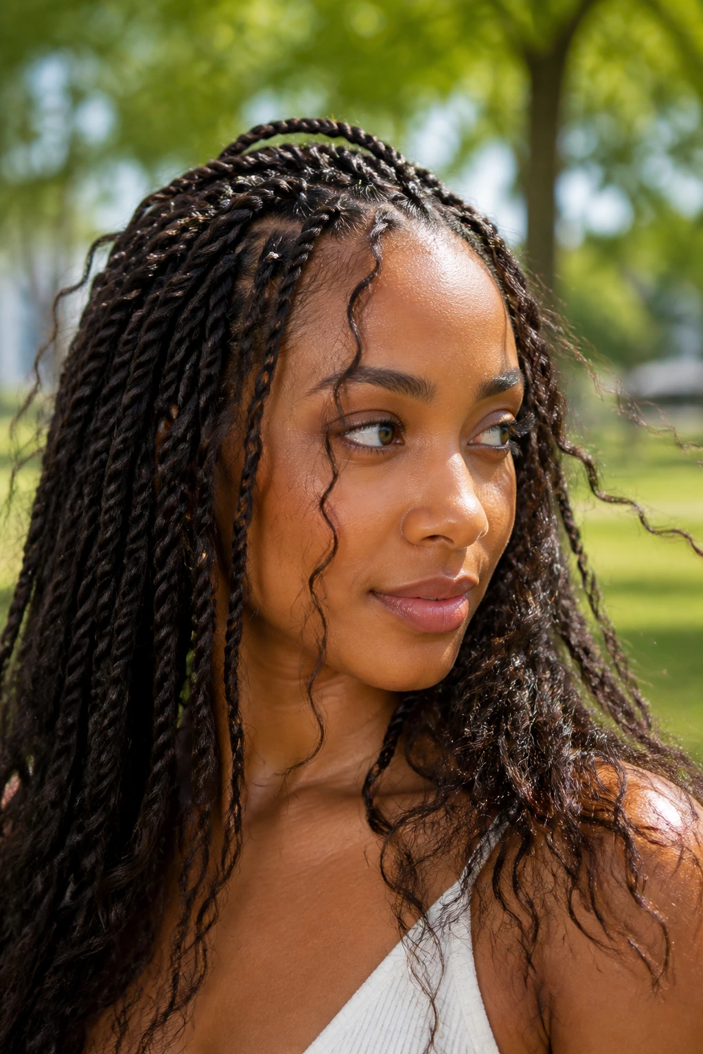 Real woman with boho twists and loose ends in a sunlit park.