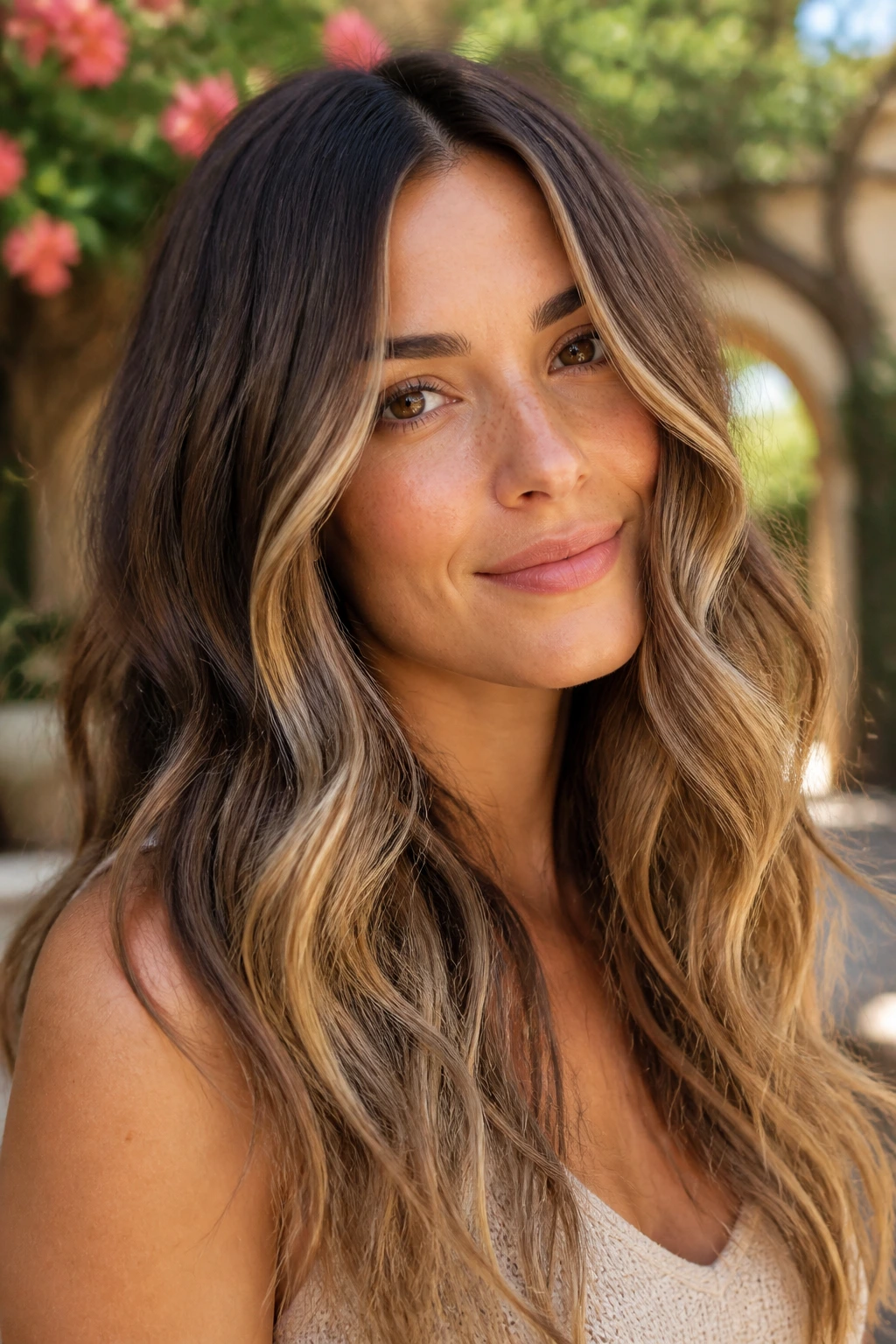 Close-up of woman with boho waves and buttery babylights in natural light.