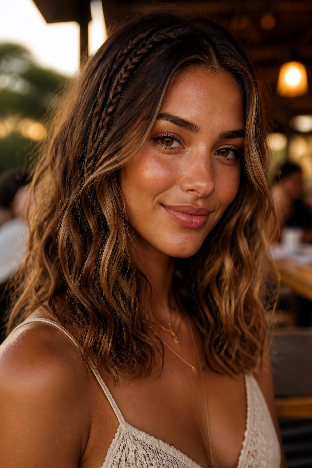 Close-up of a real woman with boho waves and delicate micro braids along the hairline