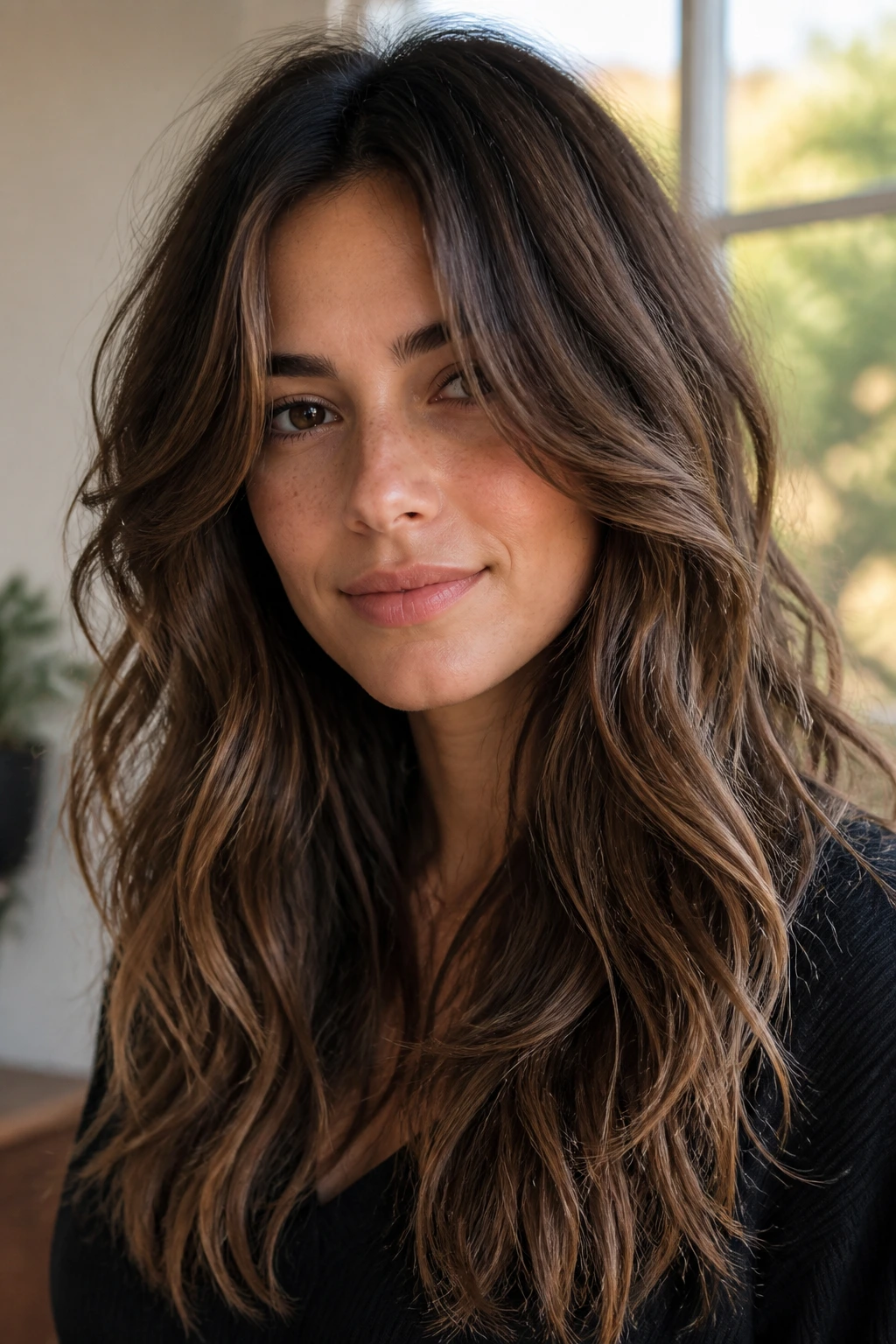 Close-up portrait of a woman with boho waves and internal texture