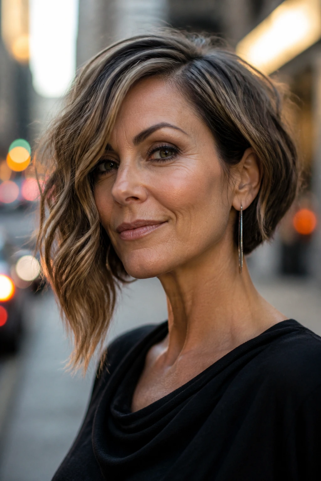 Real woman with bold asymmetrical angled bob and distinct longer side