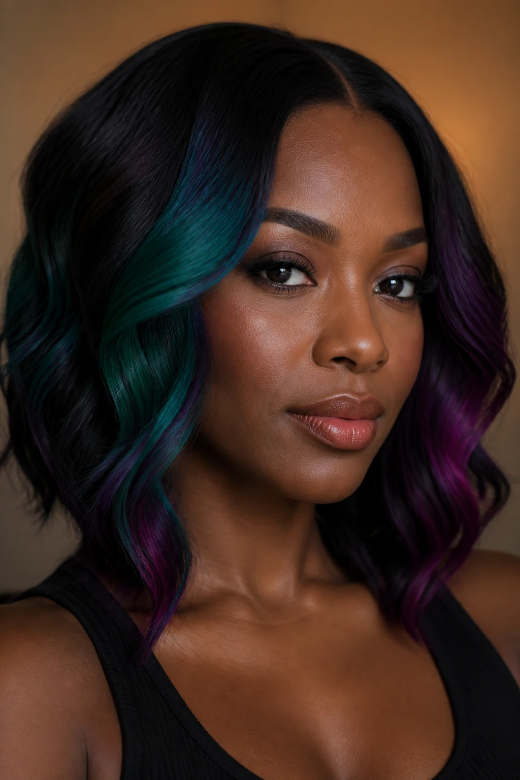 Portrait of a real person with bold emerald and violet color panels in dark hair