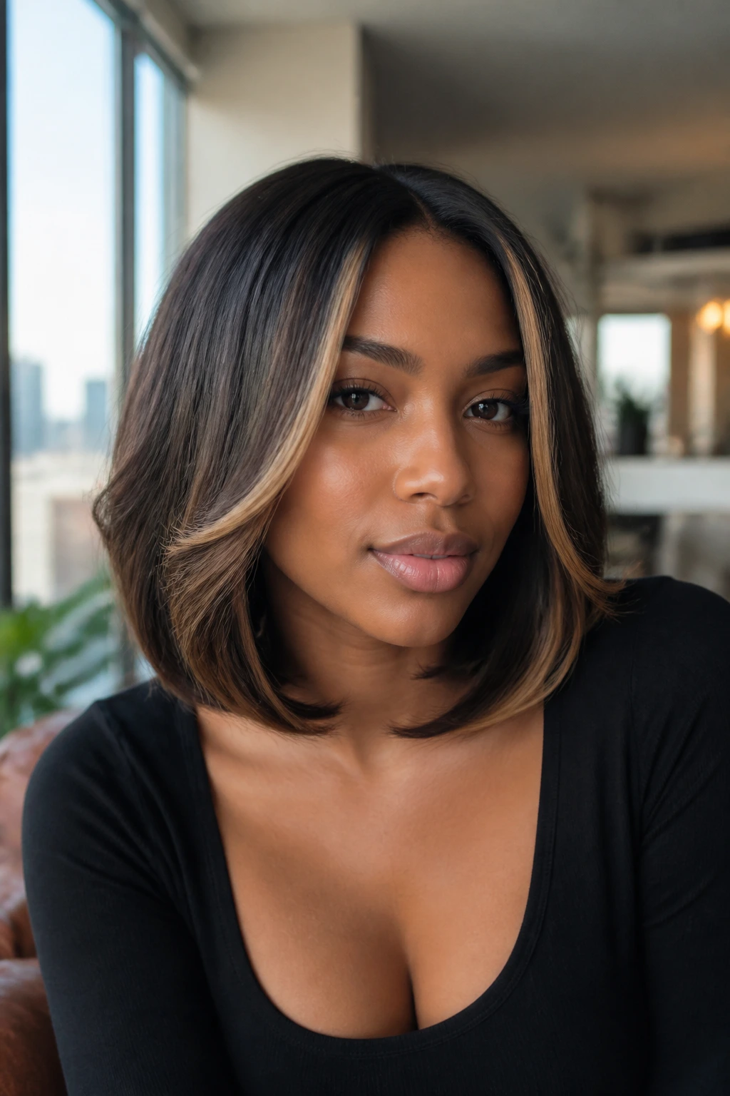 Woman with long layered bob featuring bold front frame babylights